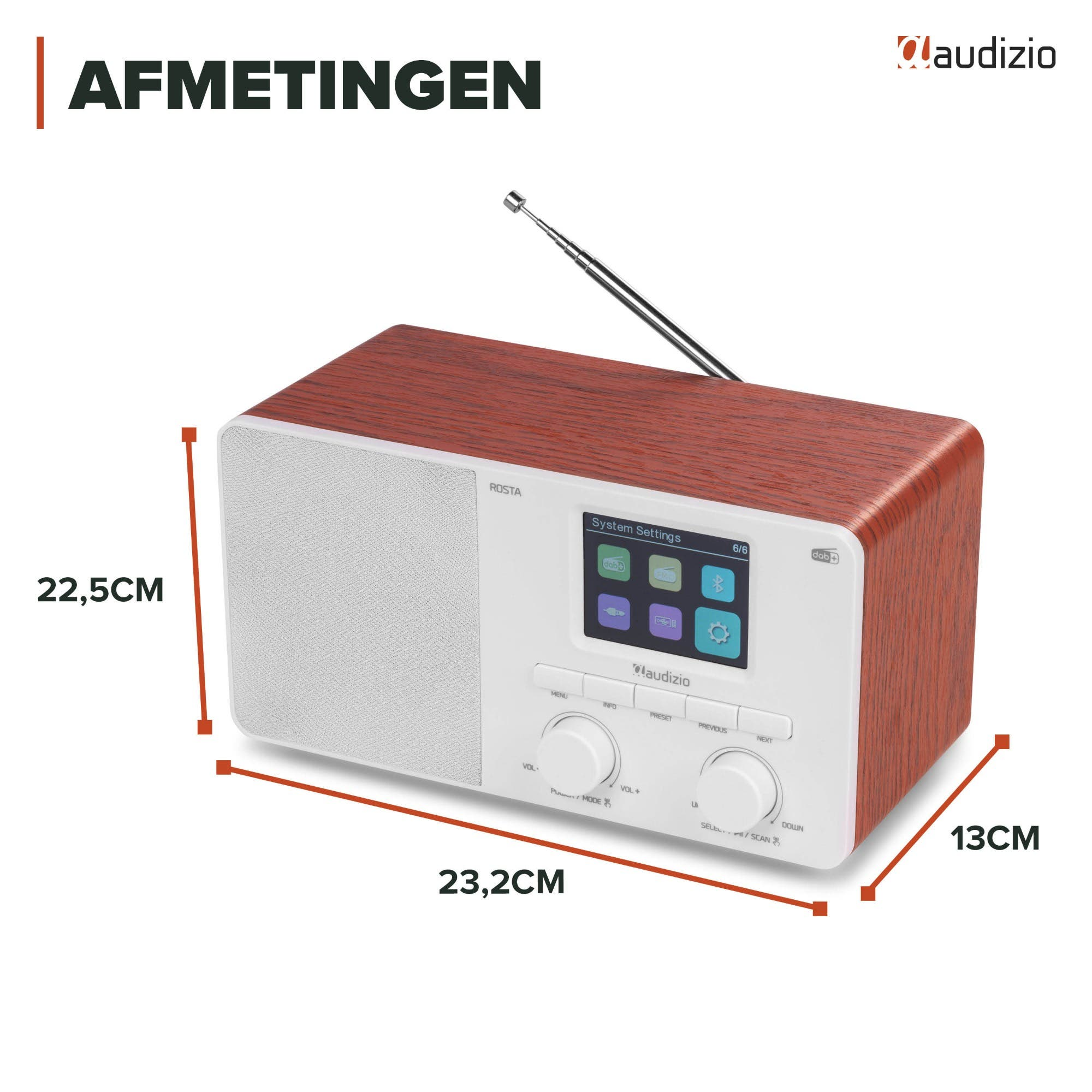 Audizio Holzradio mit Display, Knöpfen und Maßen von 23,2 x 22,5 x 13 cm.