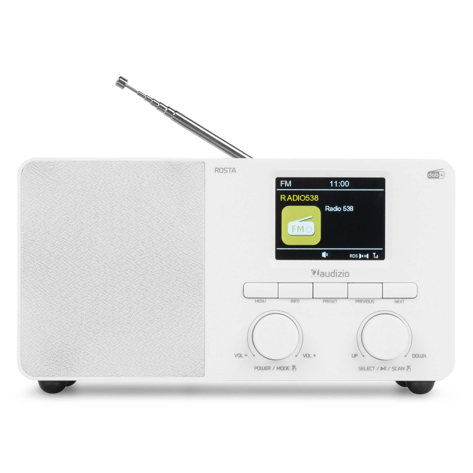 Ein weißes Audizio DAB-Radio mit Display, Lautsprechergrill, Knöpfen, Drehreglern und ausziehbarer Antenne.