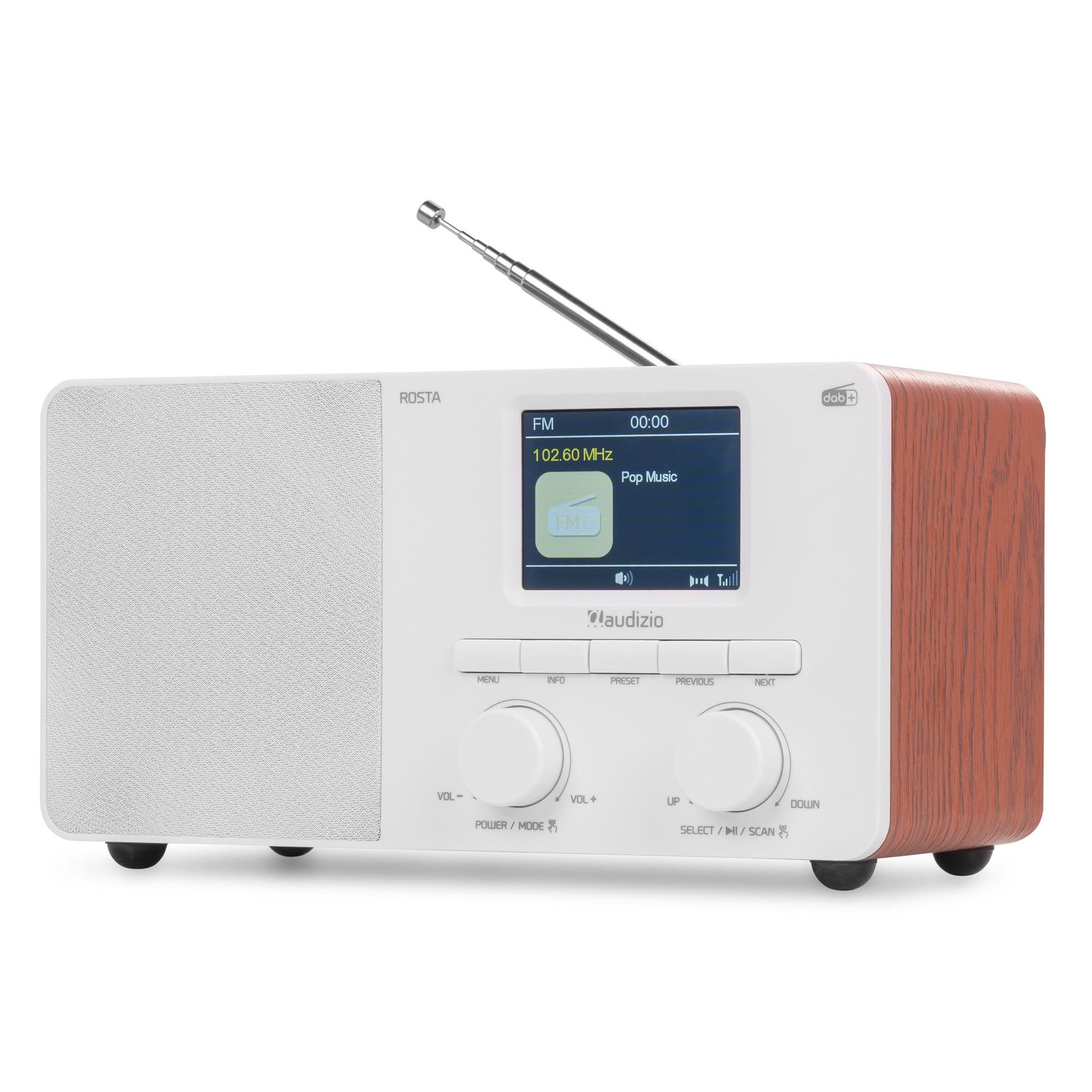 Weißes DAB+ Radio mit Holzoptik-Seiten, Display, Knöpfen und ausziehbarer Antenne.