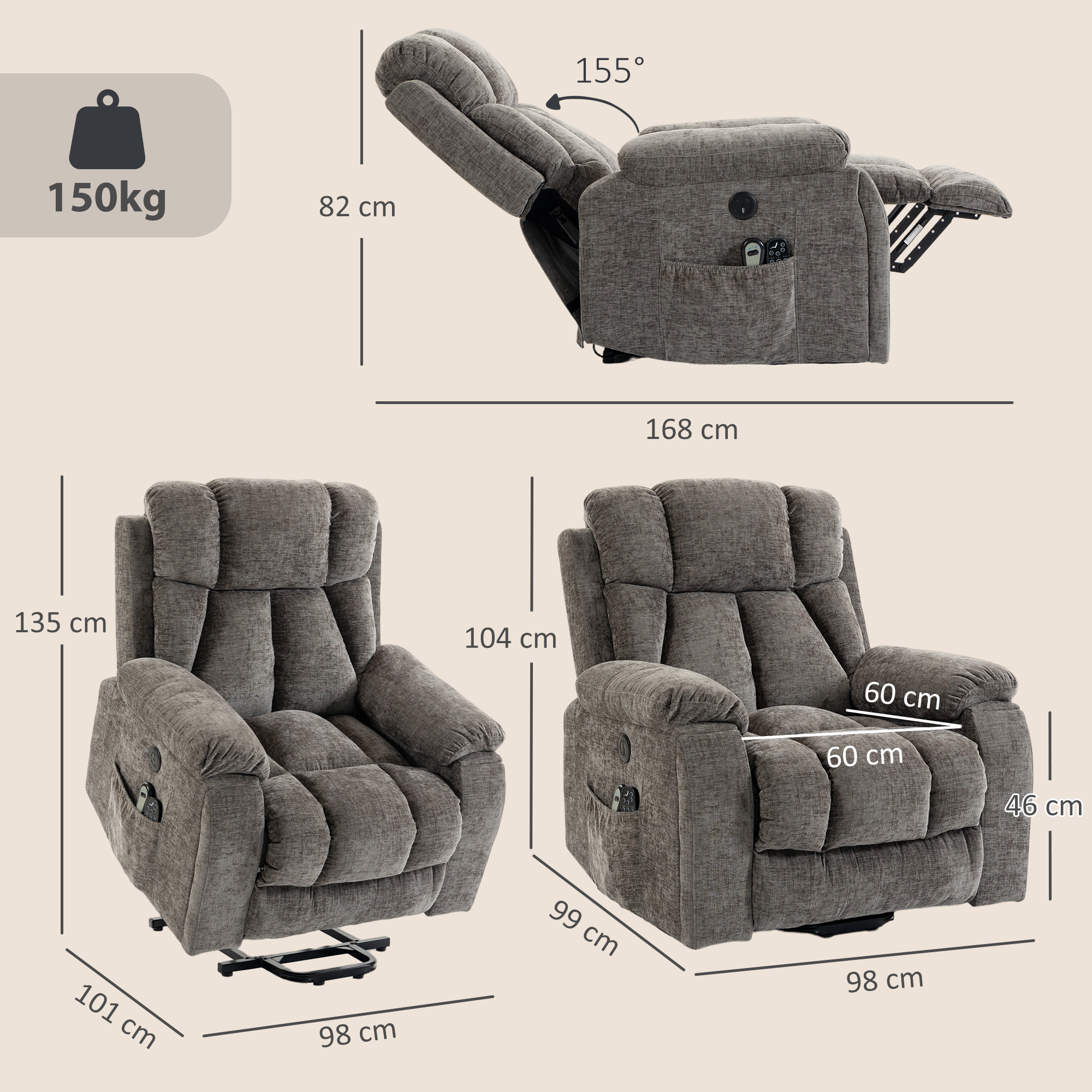 Sillón reclinable gris con dimensiones y capacidad de peso de 150 kg mostrado desde varios ángulos.