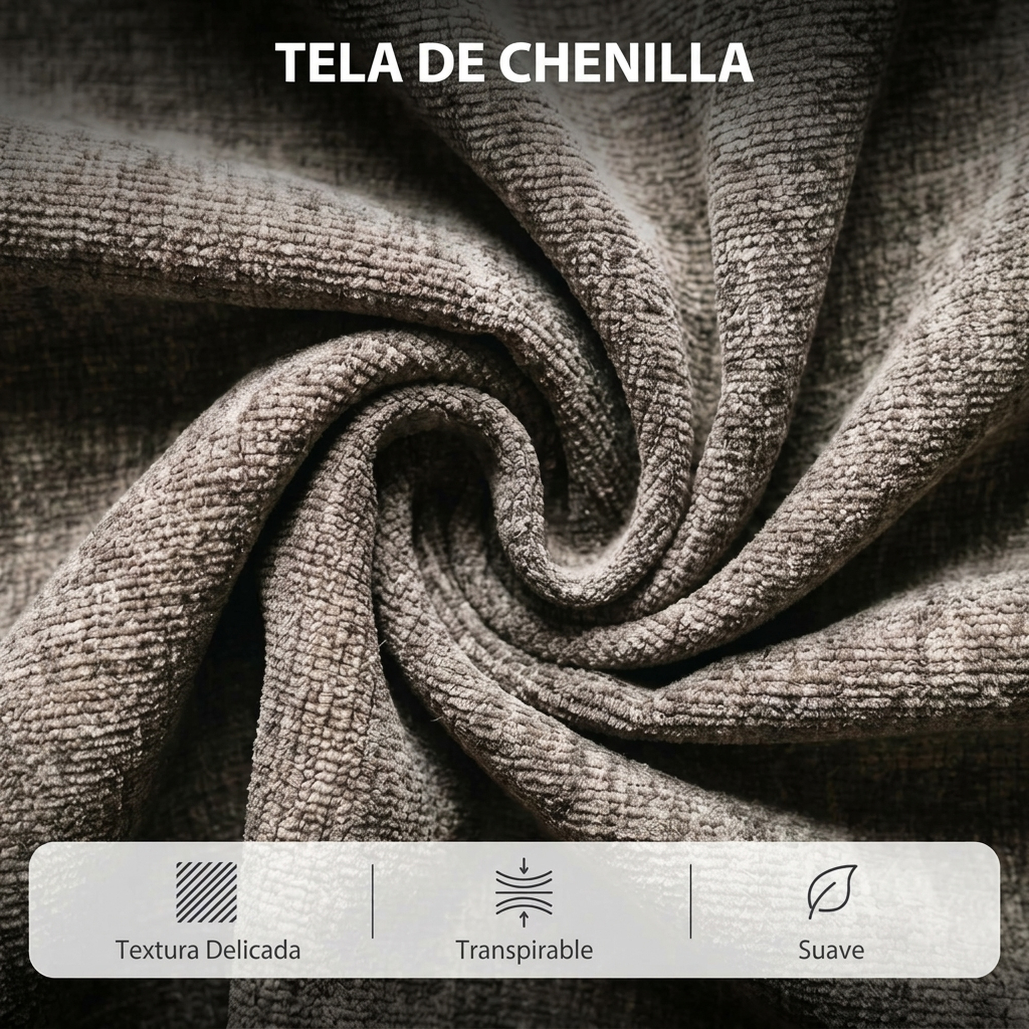 Primer plano de tela de chenilla marrón suave con pliegues en espiral e iconos de textura, transpirabilidad y suavidad.