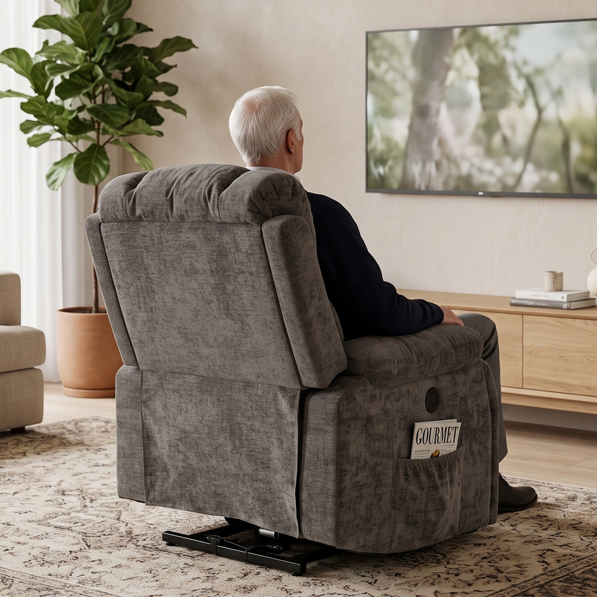 Anciano visto desde atrás sentado en un sillón gris, viendo la televisión.