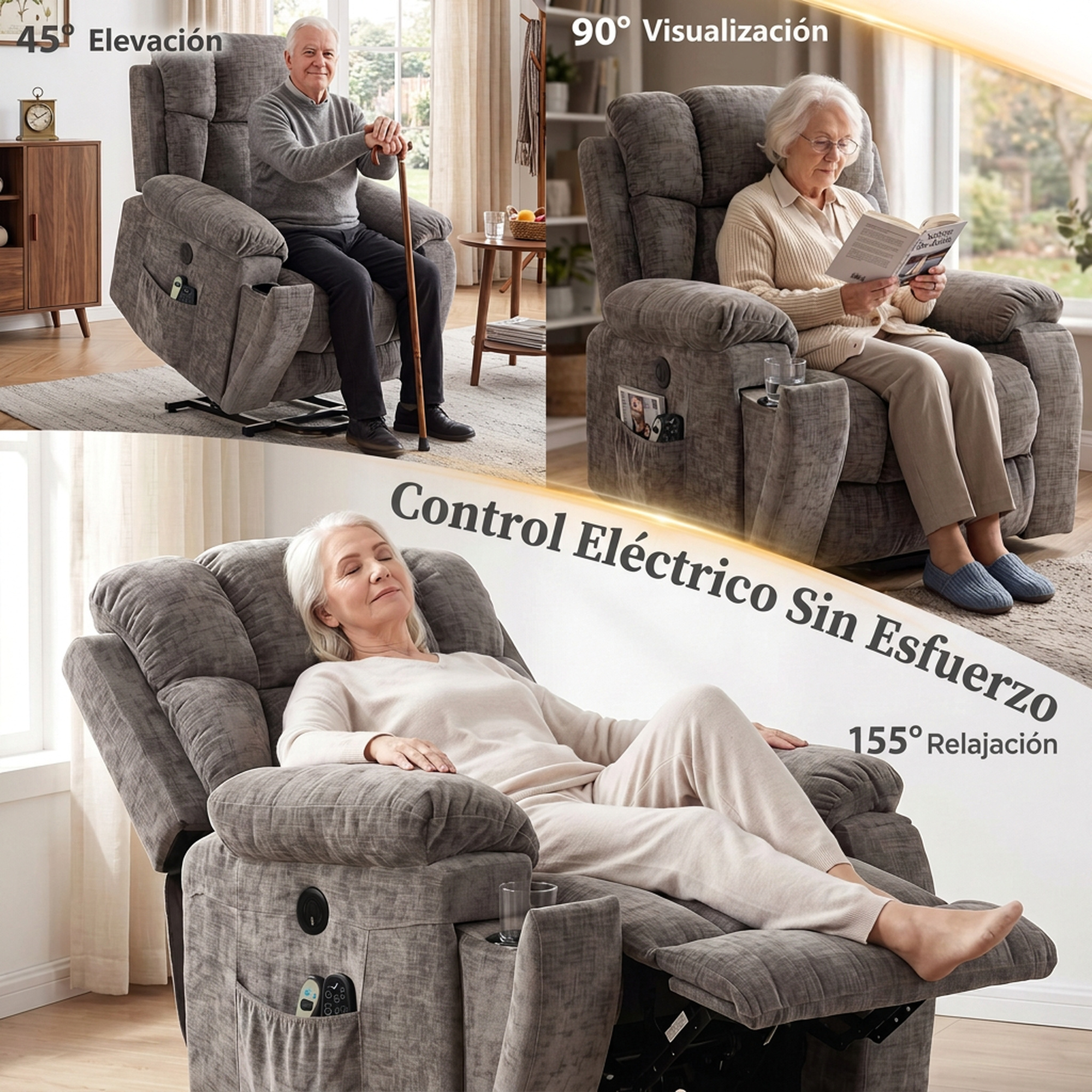 Personas mayores usan un sillón reclinable eléctrico gris en varias posiciones como de pie, leyendo y relajándose.