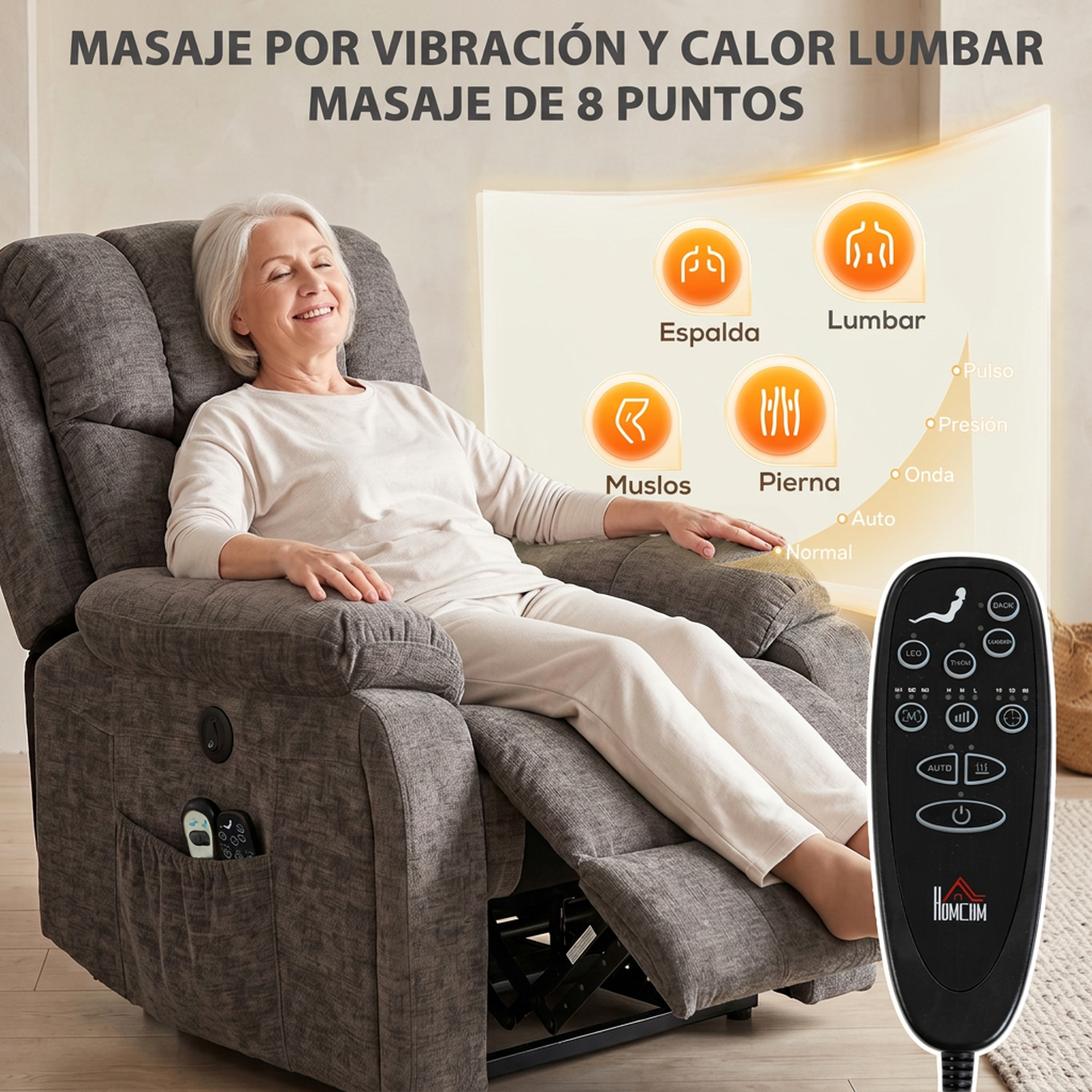 Mujer mayor relajada en un sillón reclinable de masaje gris con control remoto.