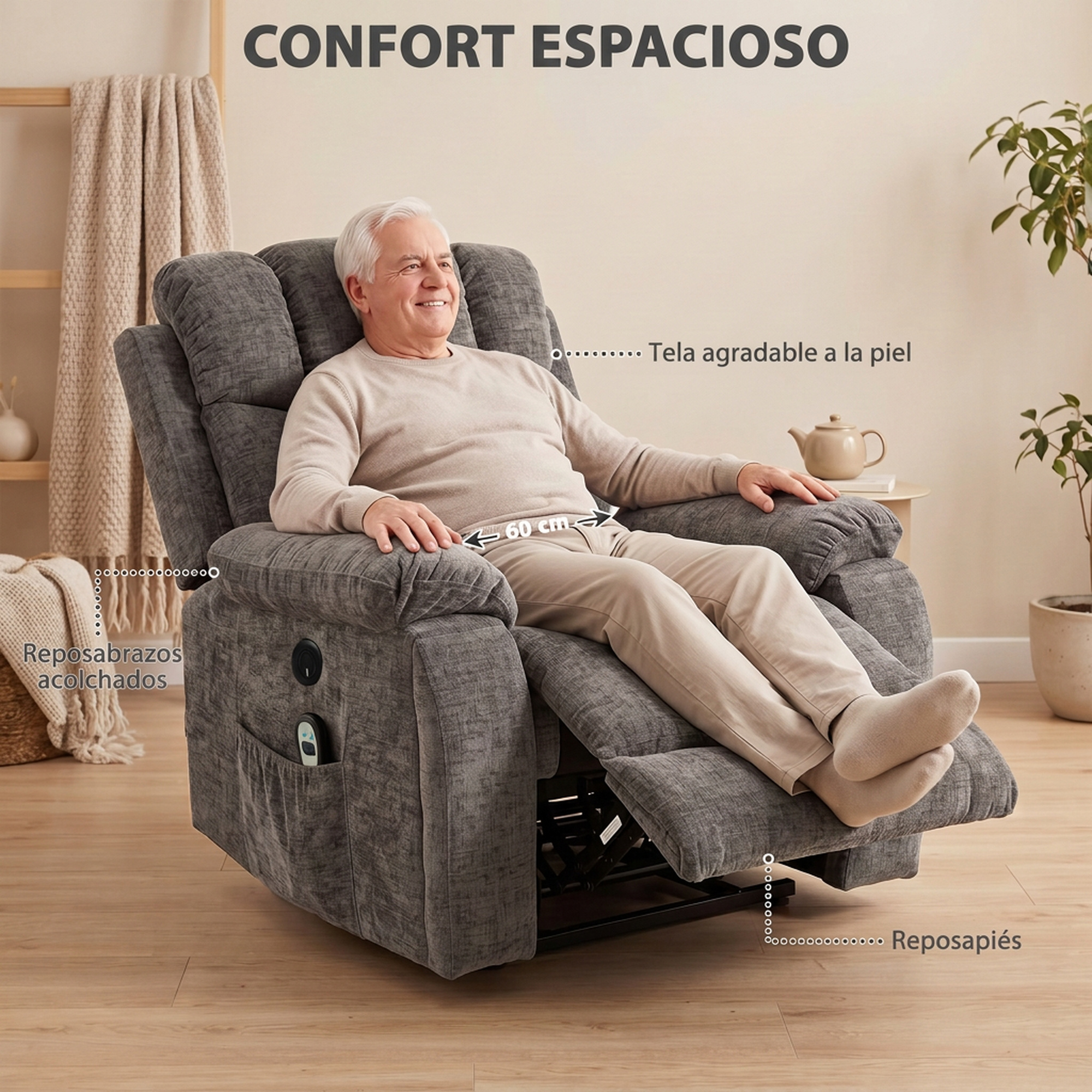 Un hombre mayor relajado en un sillón reclinable gris con etiquetas en español.