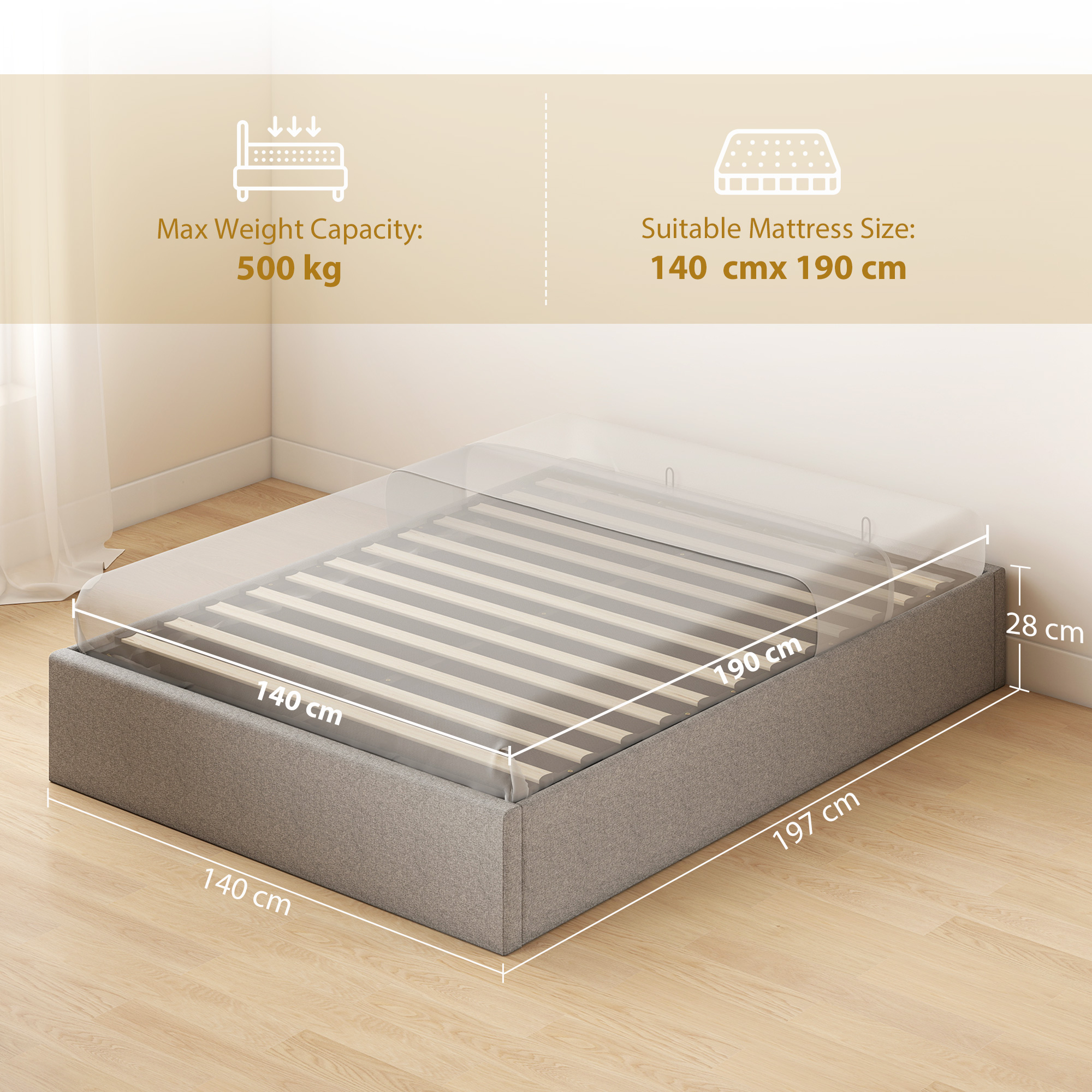 Estructura de cama tapizada en gris con dimensiones 140x190 cm y 500 kg.