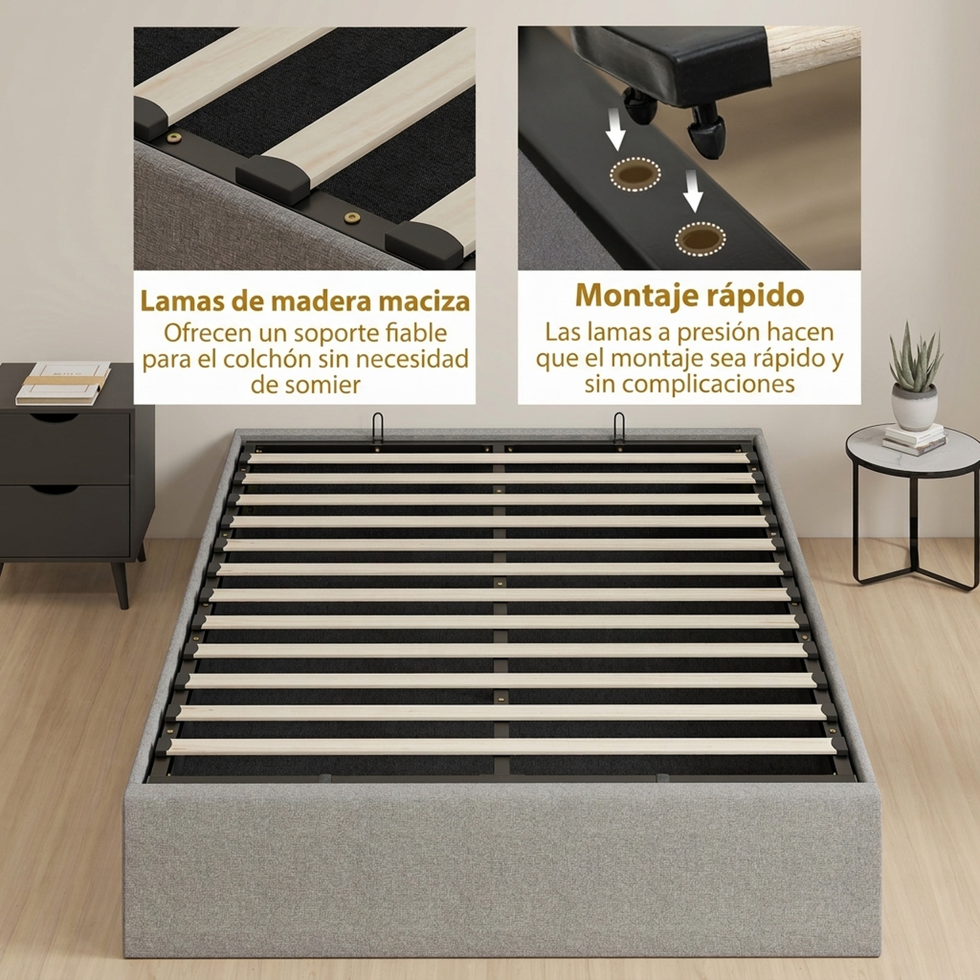 Una cama tapizada gris con listones de madera, con imágenes de detalle de listones y montaje rápido.