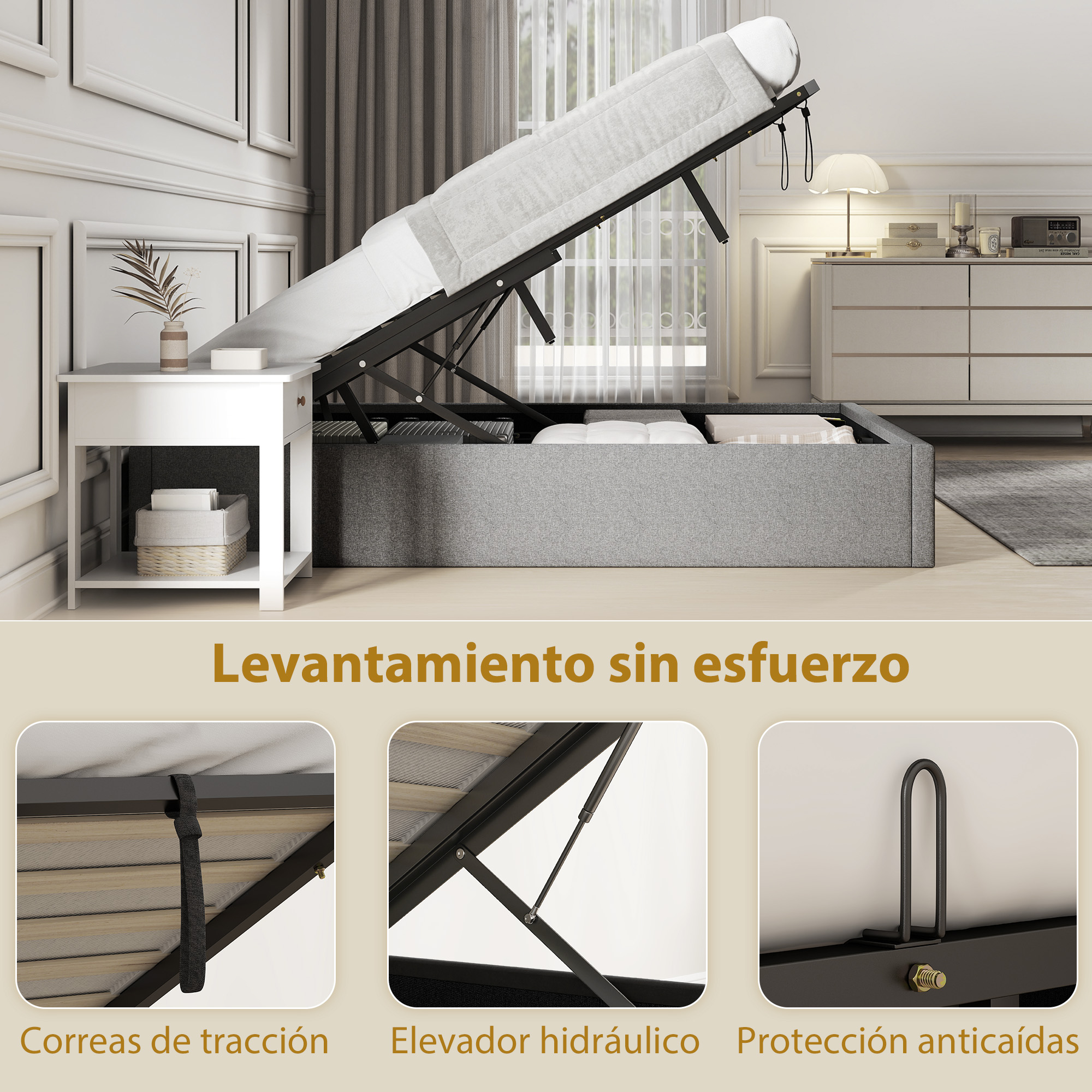 Cama con almacenamiento gris con colchón levantado por pistones hidráulicos y tres detalles abajo.