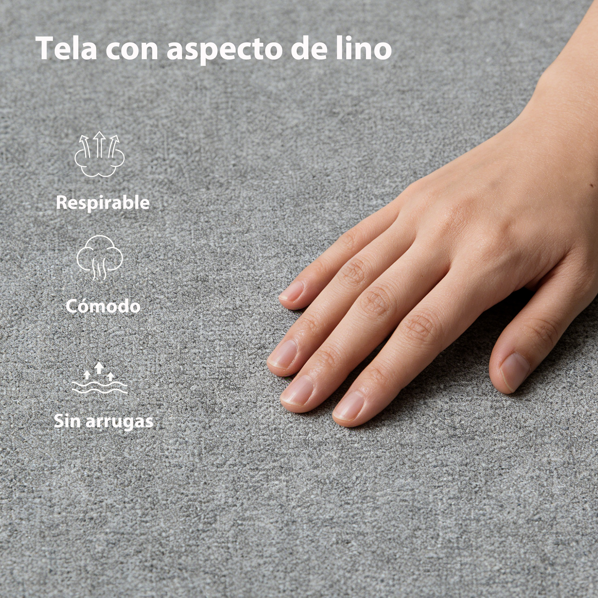 Mano tocando tela gris de lino con iconos de respirable, cómodo y sin arrugas.