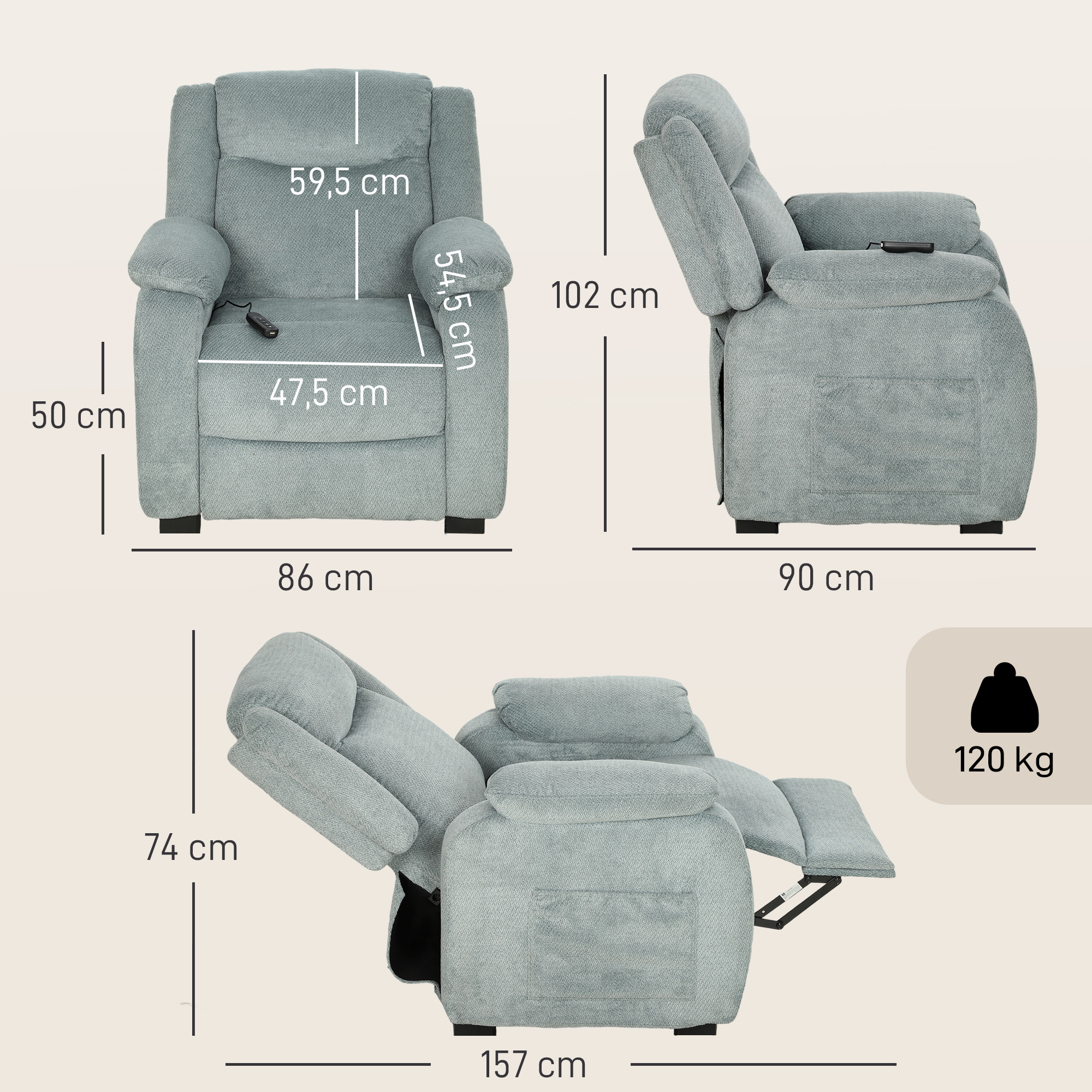 Sillón gris con dimensiones y límite de peso de 120 kg.