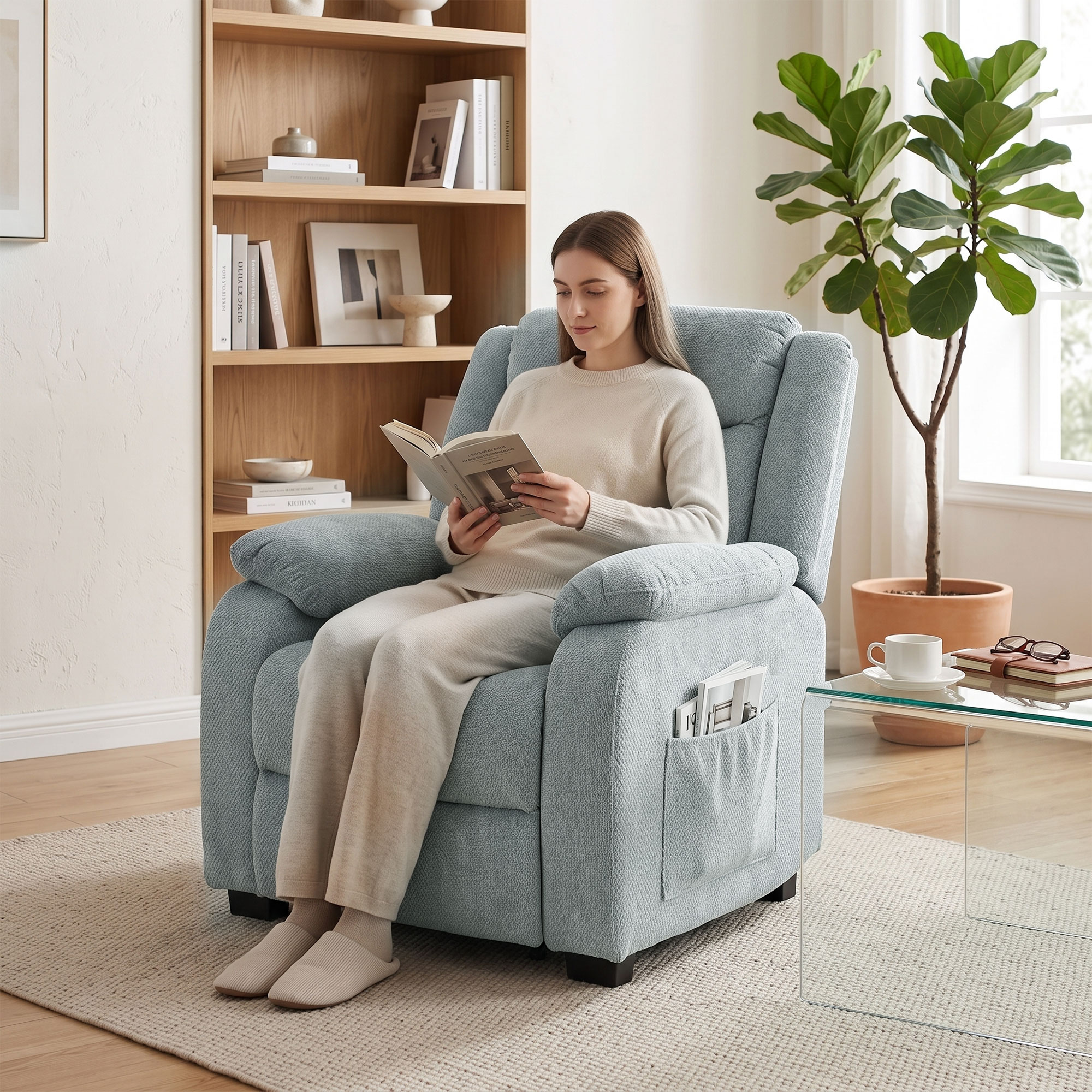 Una mujer lee un libro sentada en un sillón azul claro en una sala moderna.