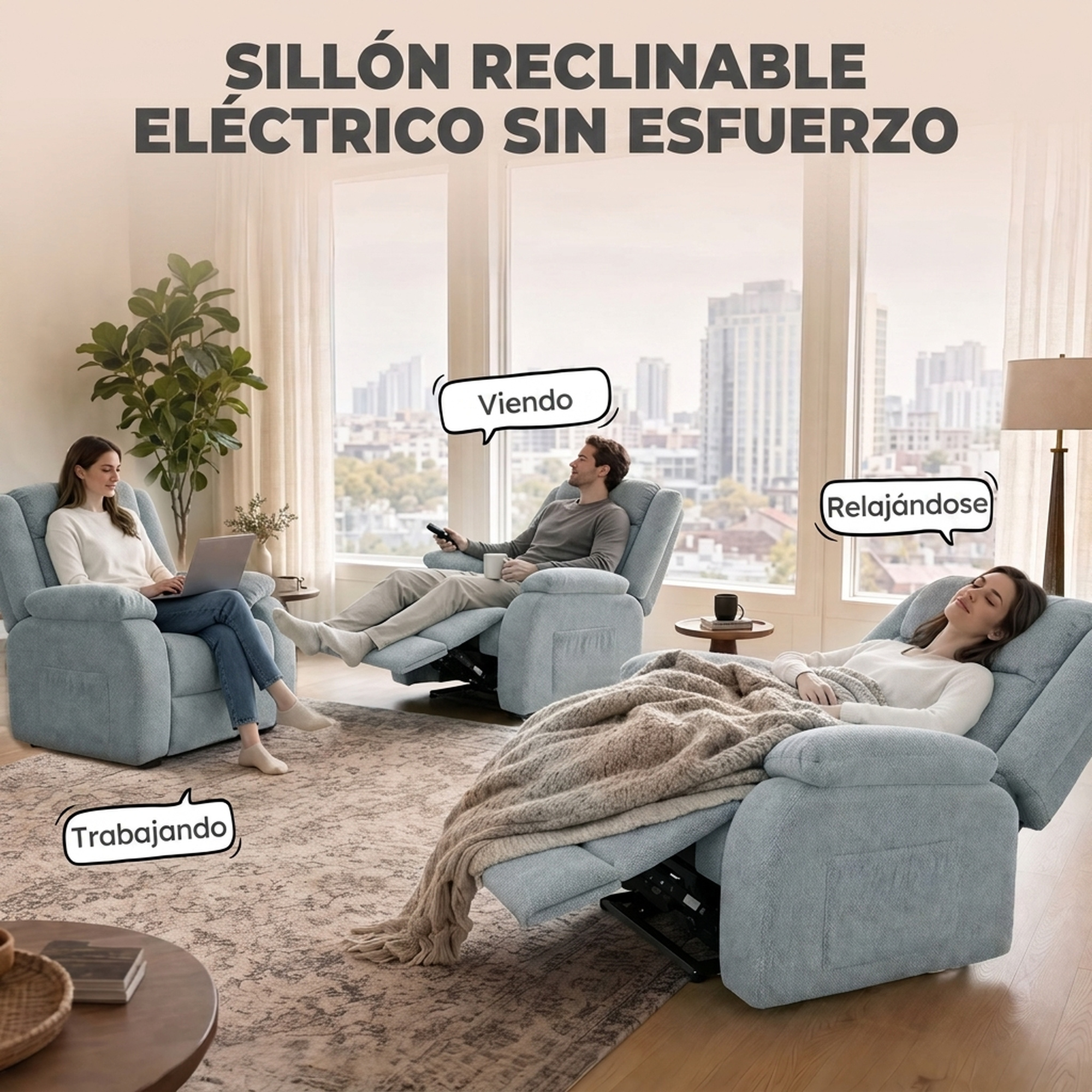 Tres personas relajándose en sillones reclinables azules en una habitación luminosa.