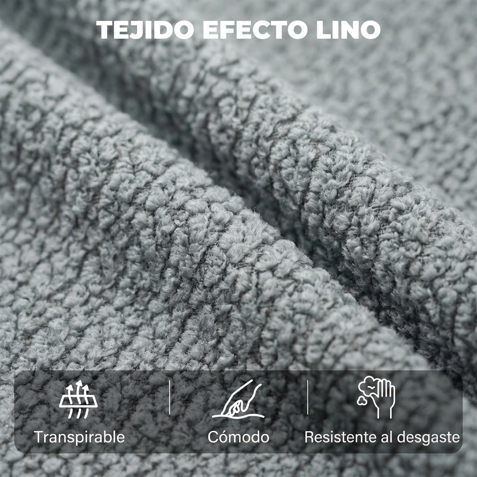 Tela gris texturizada con rizo, con texto e iconos de características abajo.