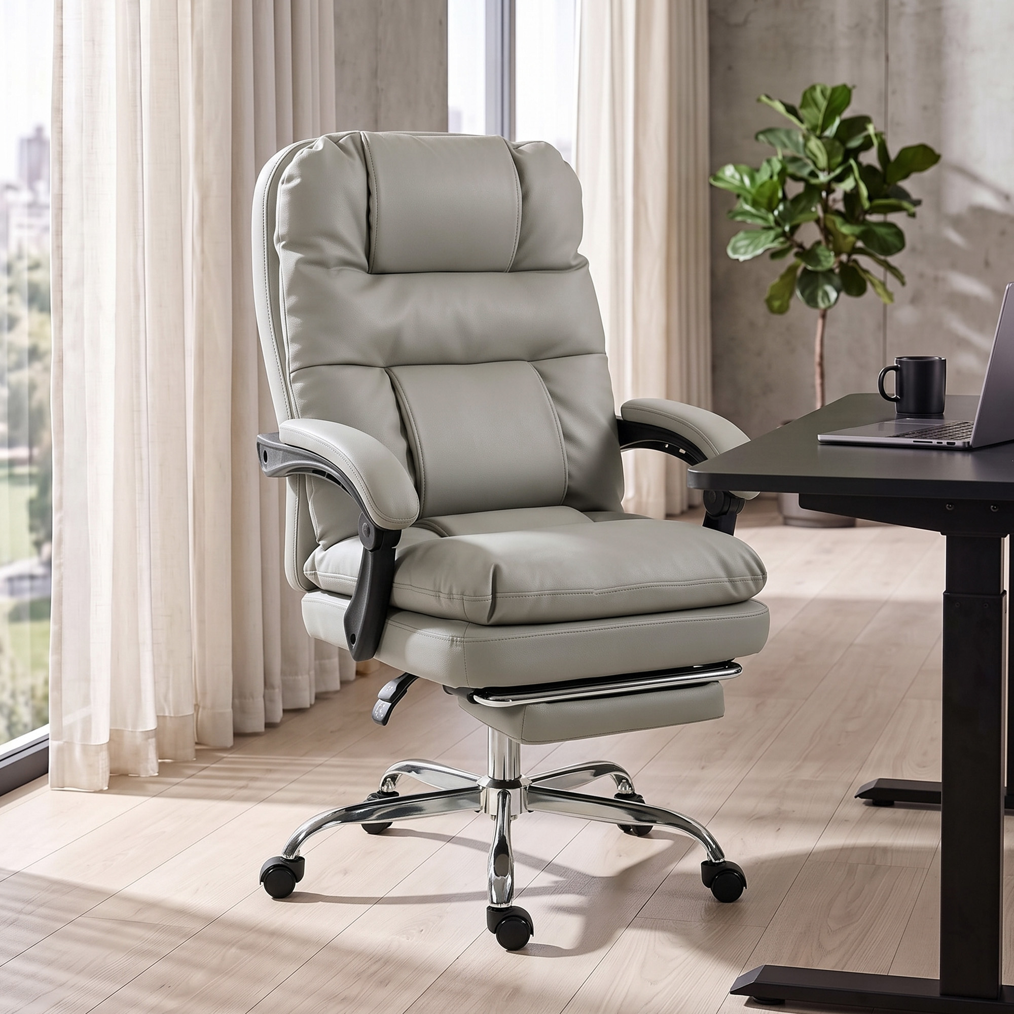 Una silla de oficina gris y acolchada con base cromada está junto a un escritorio oscuro y una ventana.