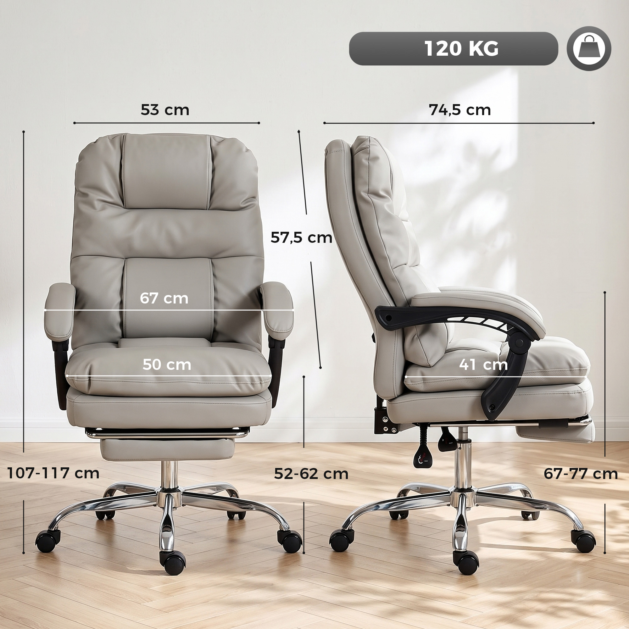 Silla de oficina de cuero gris con medidas, sobre piso de madera.