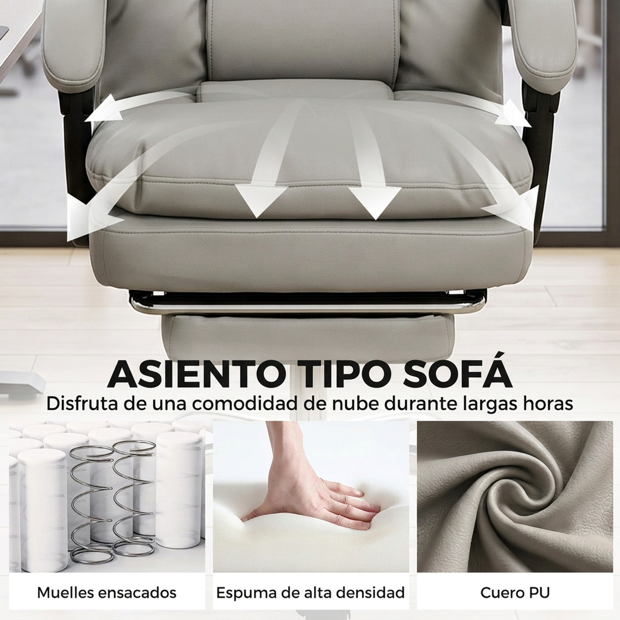 Silla de oficina de cuero PU gris con muelles ensacados y espuma.