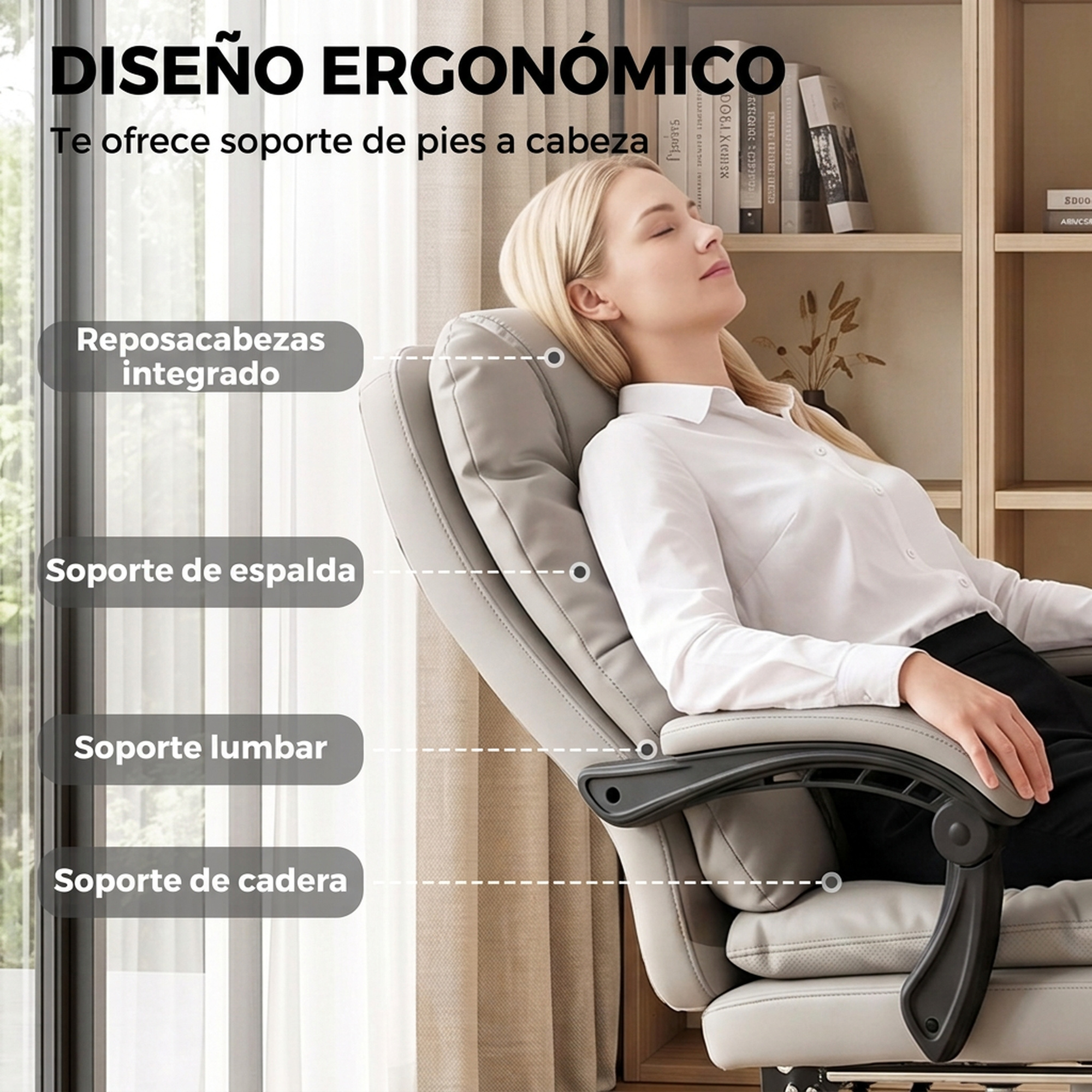 Mujer relajada en silla ergonómica gris con etiquetas de soporte integrado.