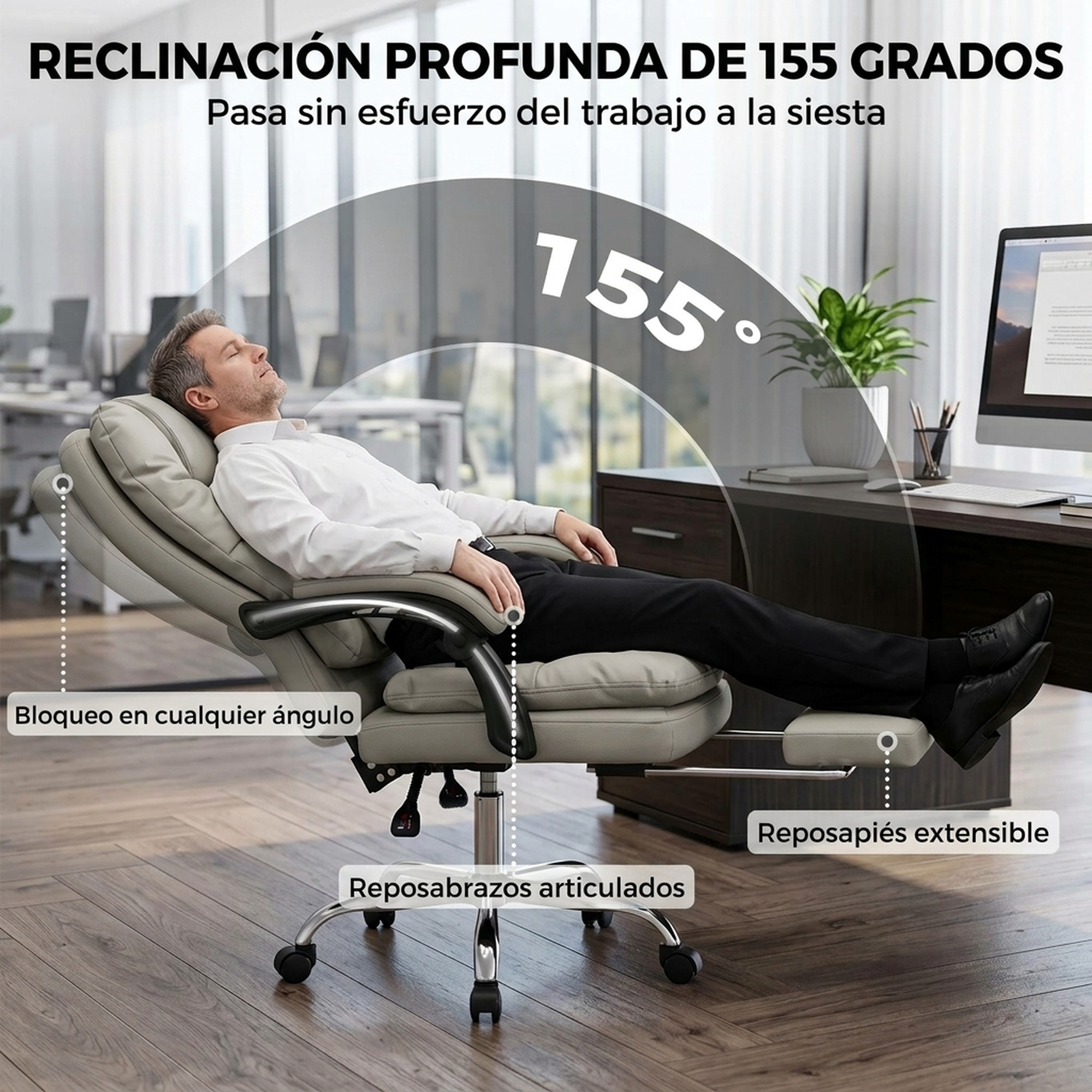 Un hombre se relaja en una silla de oficina reclinable a 155 grados con reposapiés.