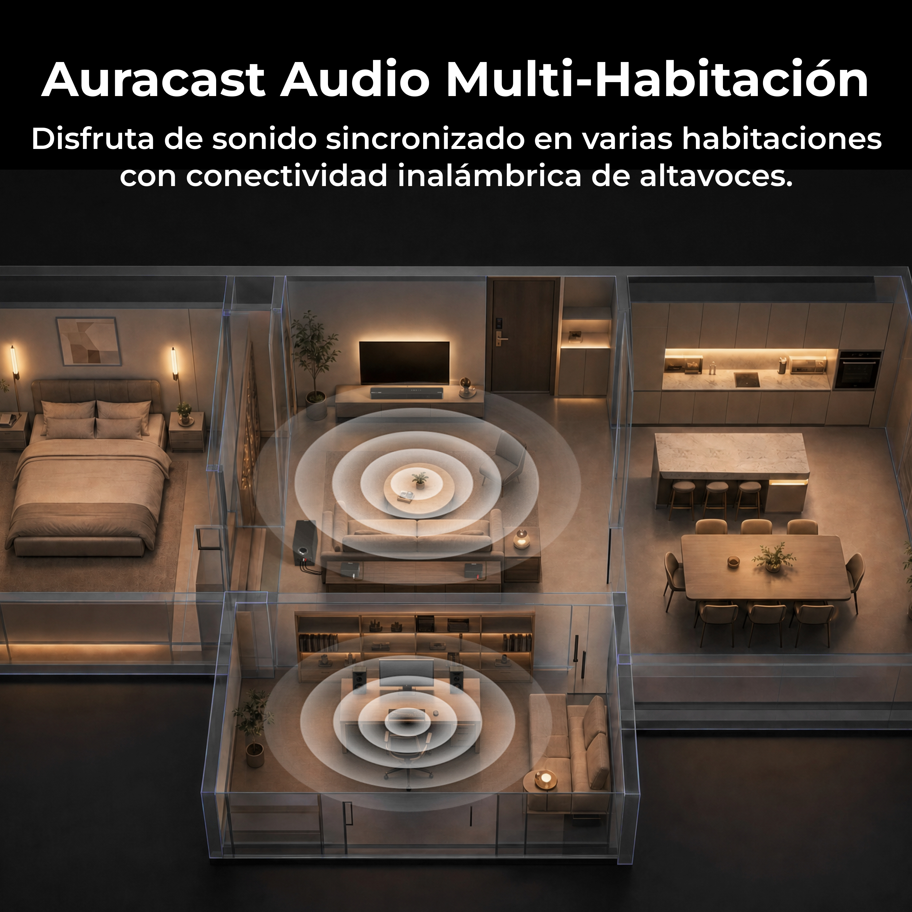 Vista aérea de una casa mostrando ondas de audio multi-habitación extendiéndose por salas como el salón y el dormitorio.