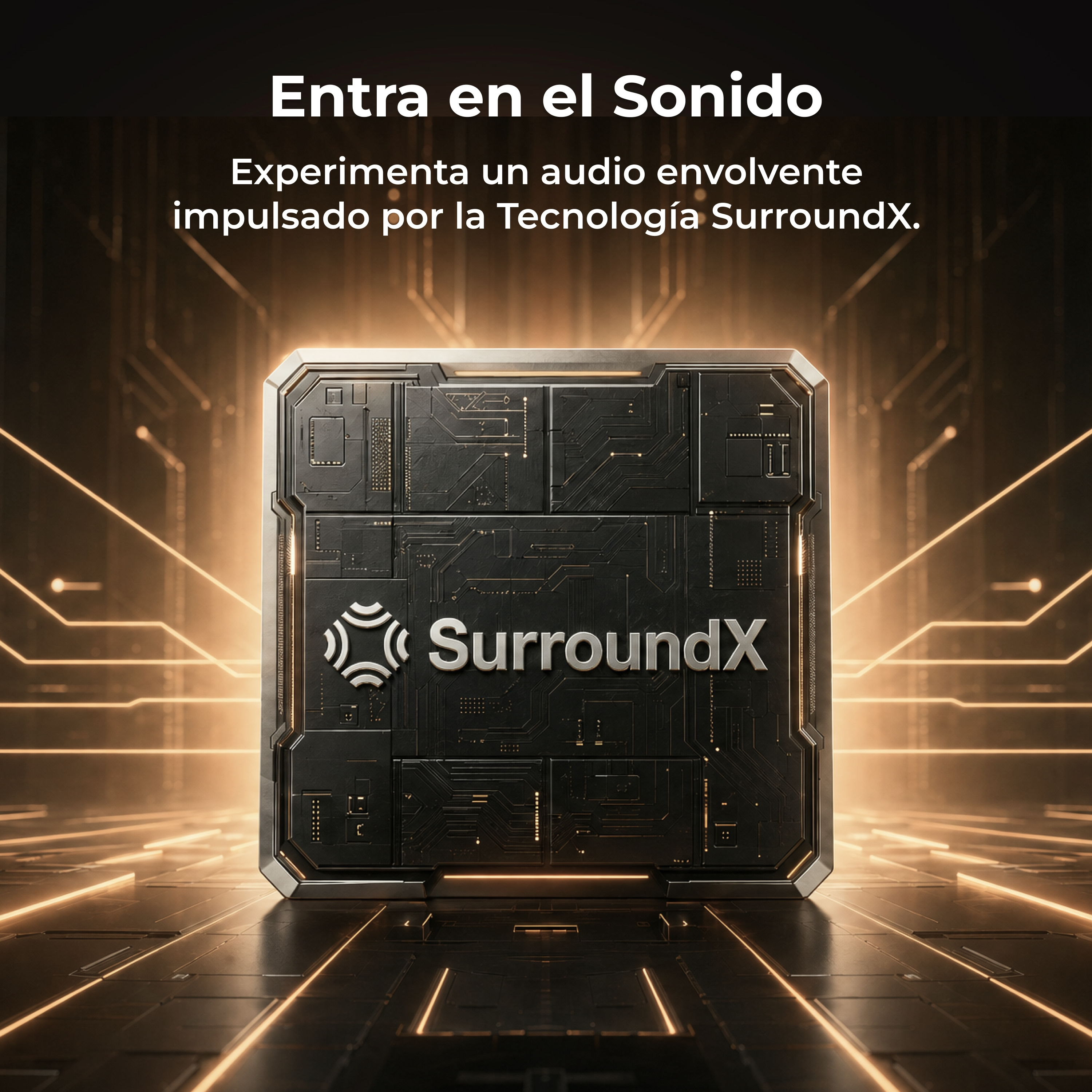 Un chip SurroundX brillante sobre un fondo de circuitos dorados con texto promocional.