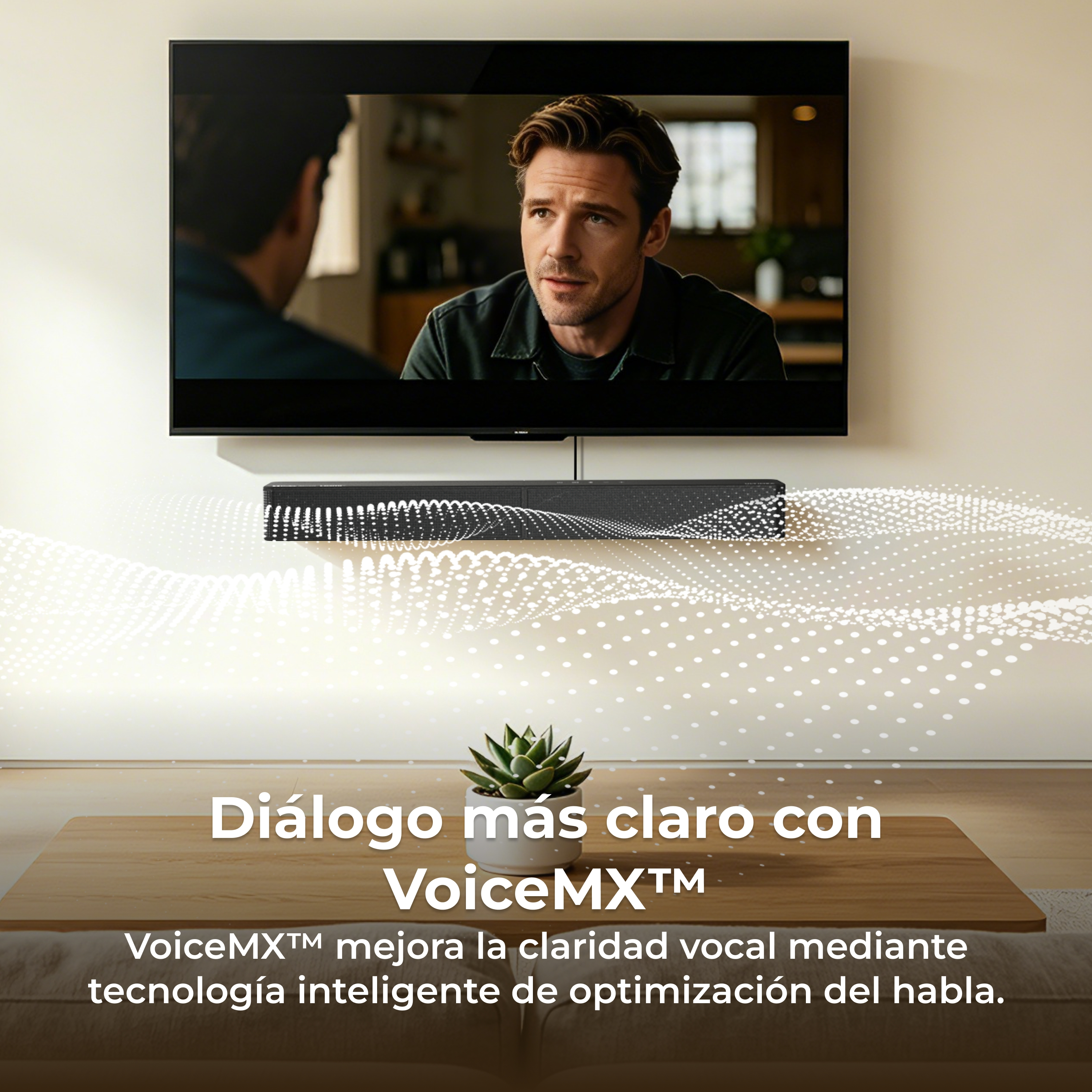 Televisor de pared con barra de sonido emitiendo ondas blancas y una pequeña planta en la mesa.