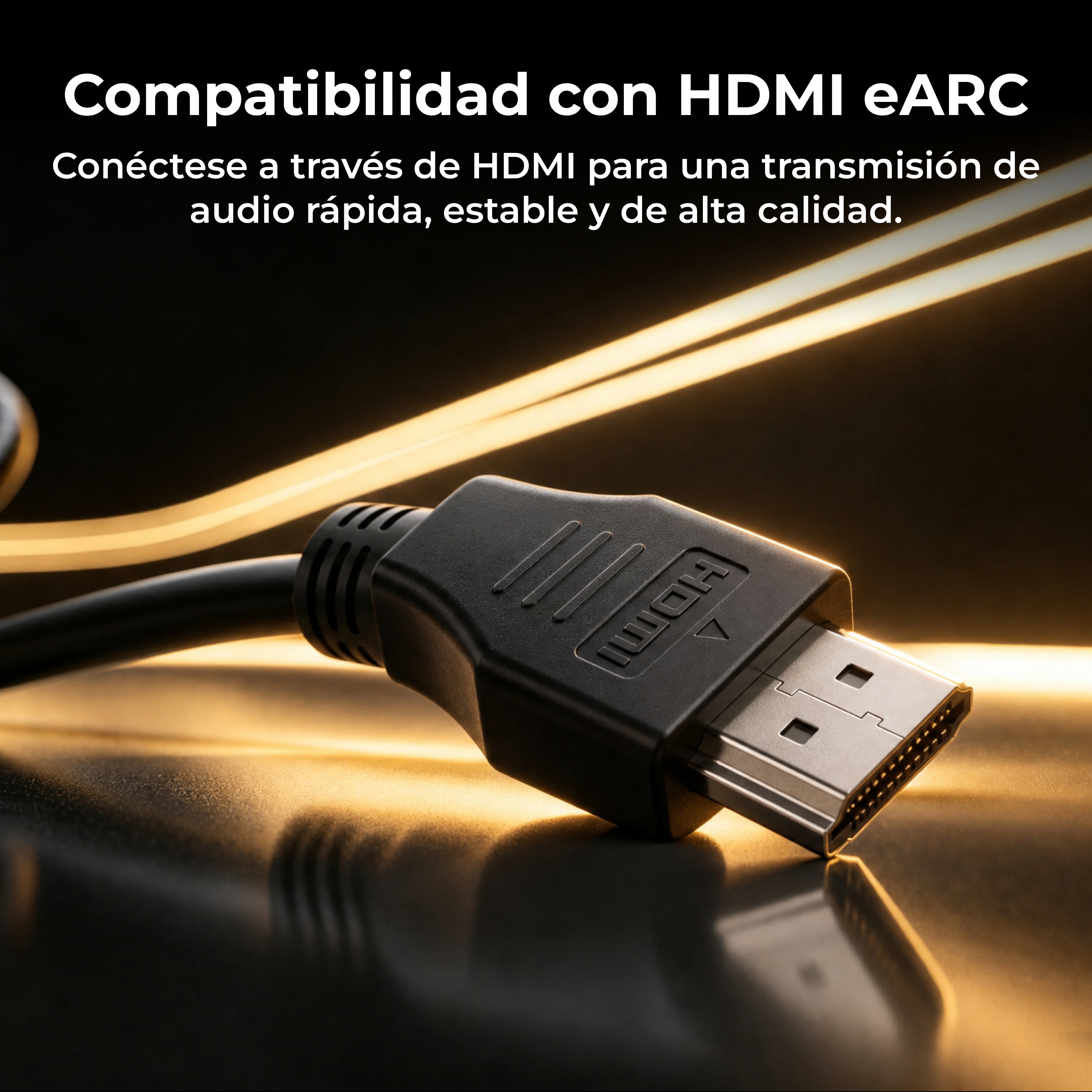 Un cable HDMI negro sobre una superficie reflectante con líneas de luz doradas al fondo.