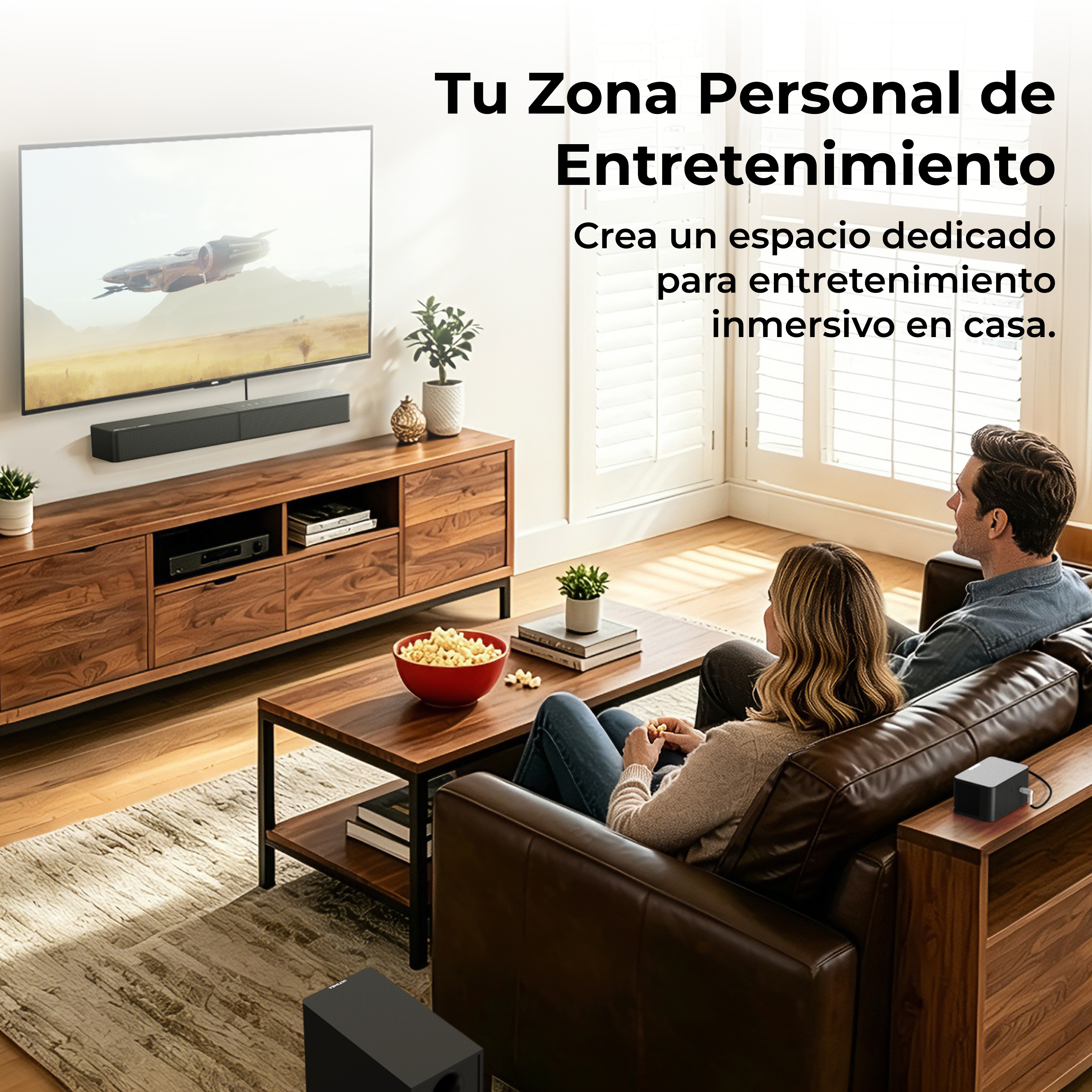 Una pareja se sienta en un sofá de cuero viendo una película en una sala.