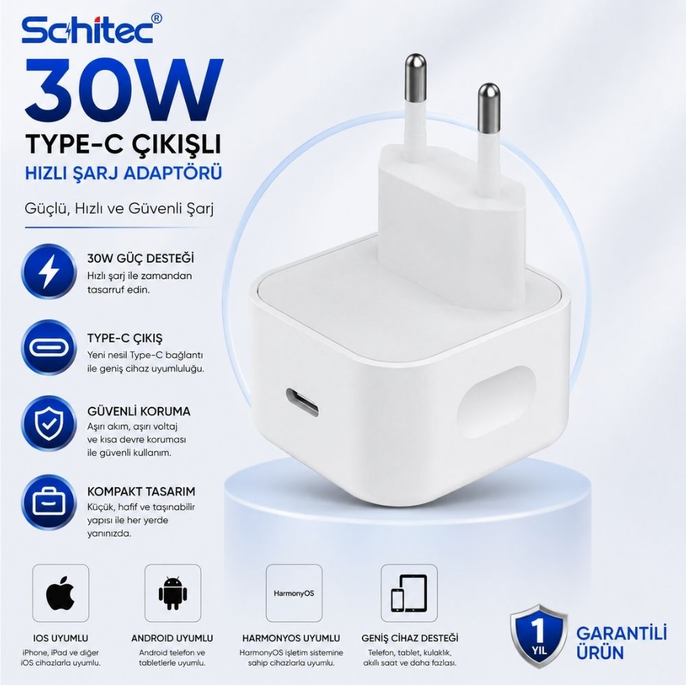 Mavi tanıtım arka planında Avrupa tipi fiş uçlarına sahip beyaz 30W Type-C hızlı şarj adaptörü.