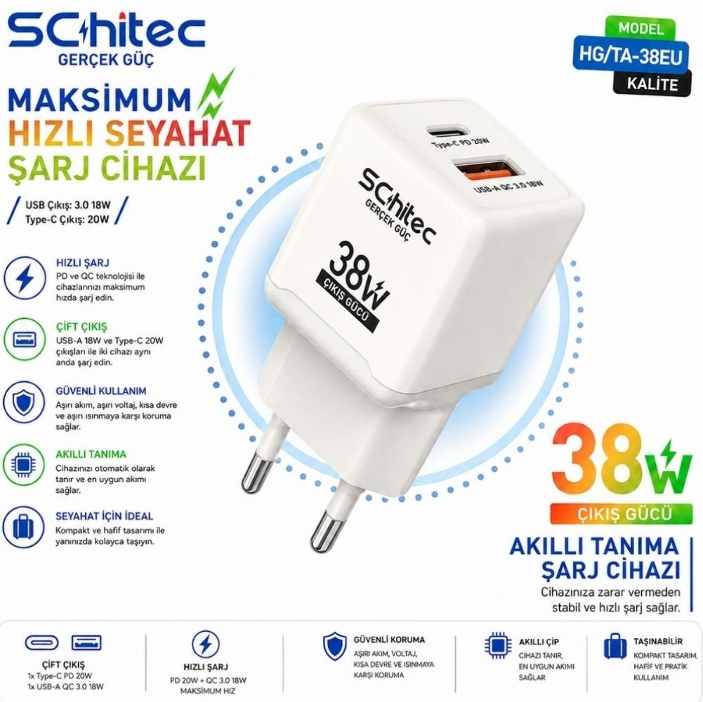 Tanıtım afişinde çift portlu beyaz Schitec 38W USB seyahat şarj cihazı.