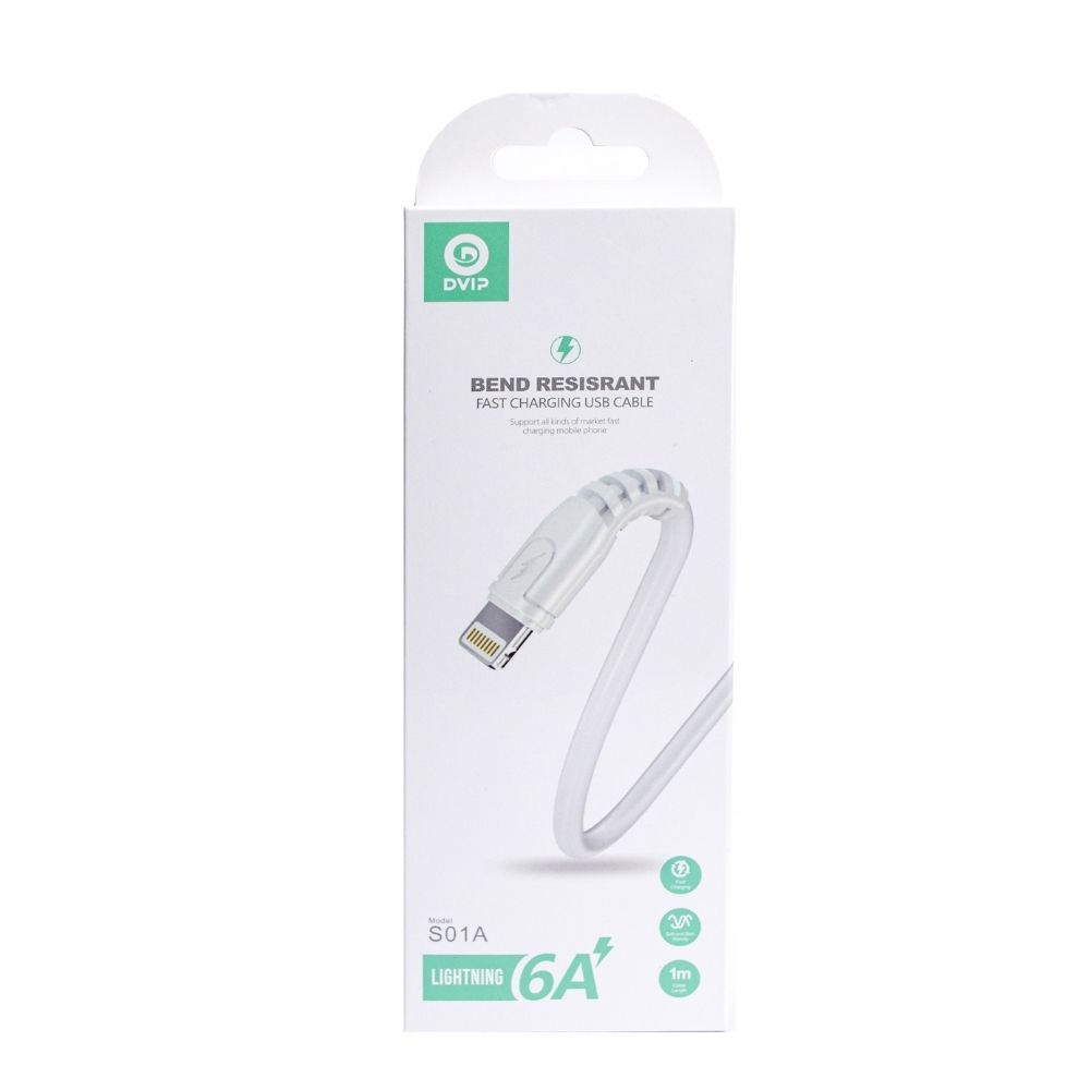 Bükülmeye dayanıklı DVIP lightning hızlı şarj USB kablosu, model S01A, 6A, 1m için beyaz ambalaj kutusu.