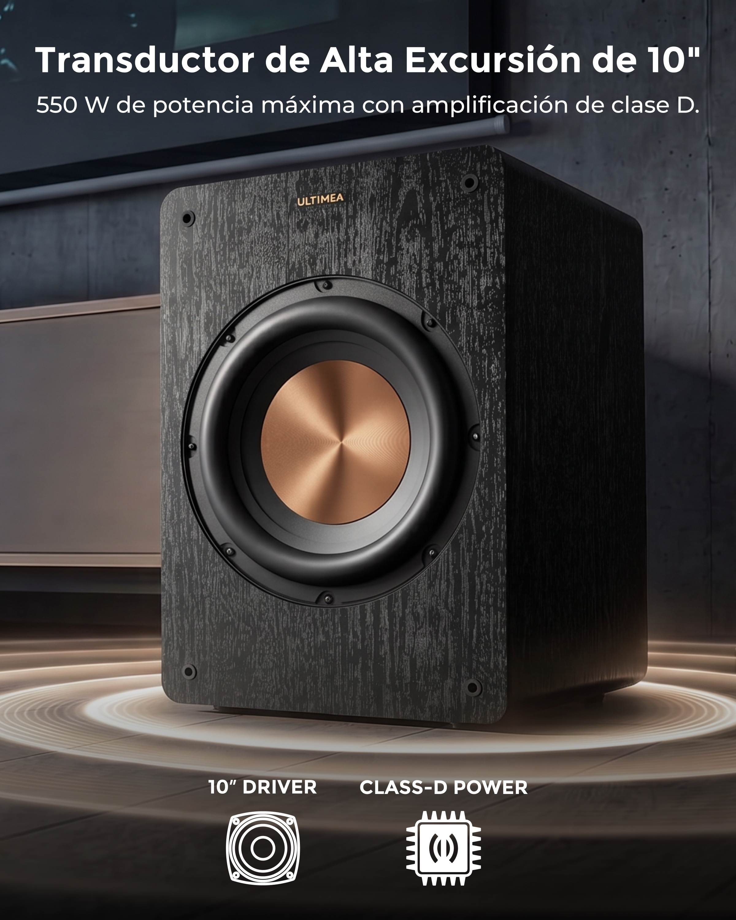 Un subwoofer Ultimea con controlador de 10 pulgadas y amplificación de clase D sobre un suelo con anillos de luz.