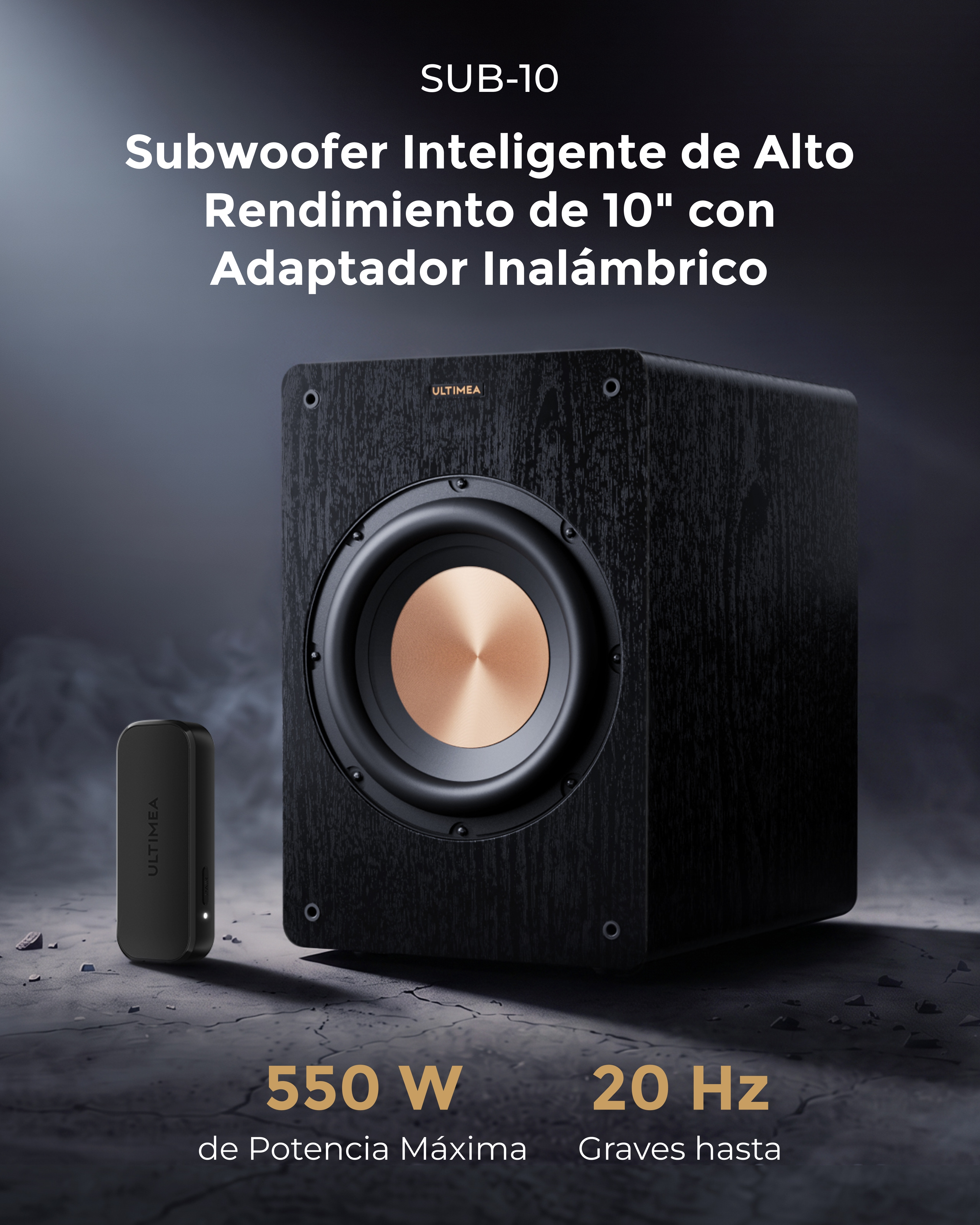 Subwoofer negro Ultimea de 10 pulgadas con adaptador inalámbrico y detalles naranjas sobre superficie gris.