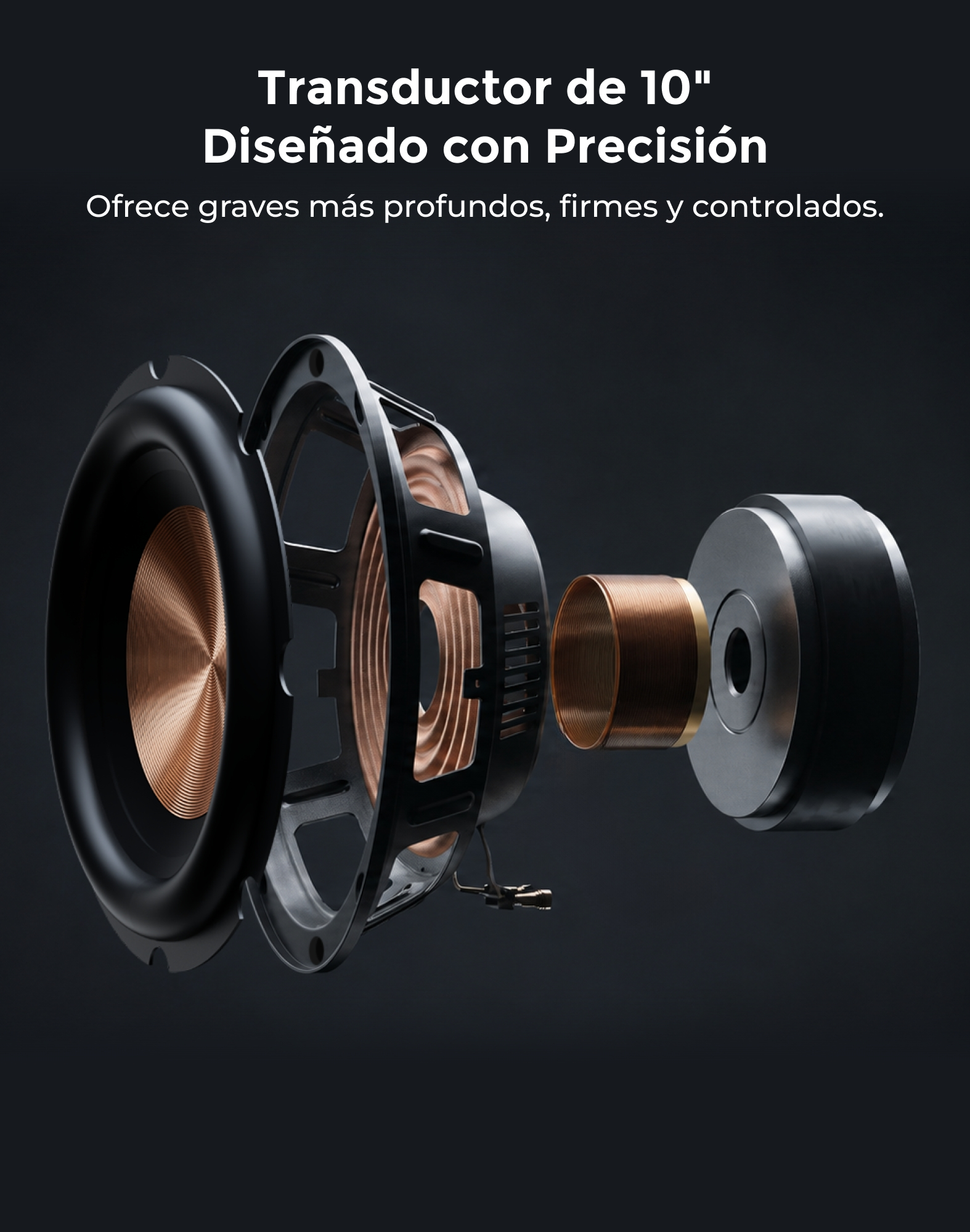 Vista despiezada de un altavoz de 10 pulgadas con bobinas de color cobre sobre fondo oscuro y texto en español.
