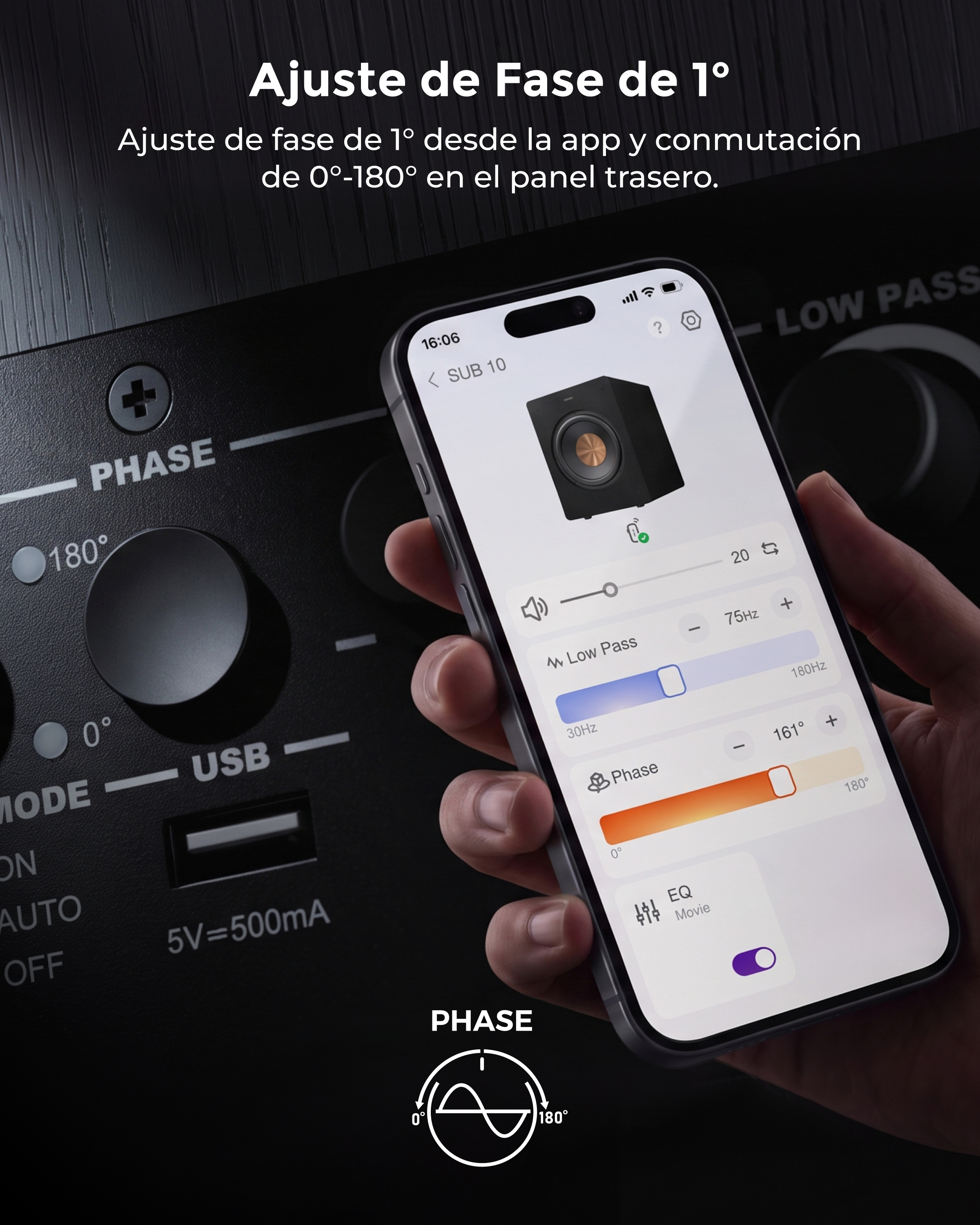 Smartphone muestra app de subwoofer con control de fase ante un amplificador.