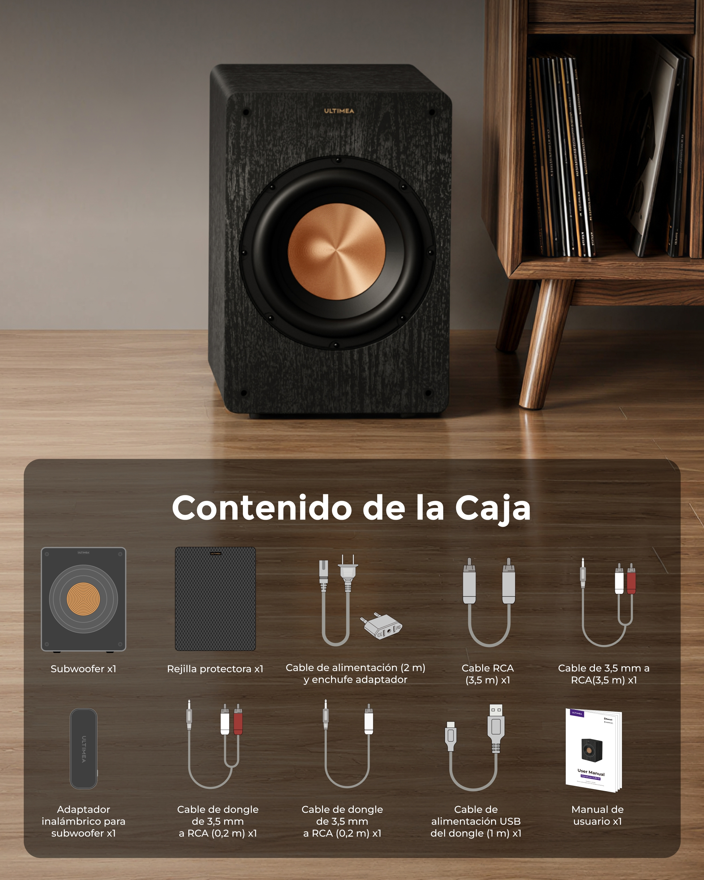 Subwoofer y contenido de la caja: cables, adaptadores y manual.