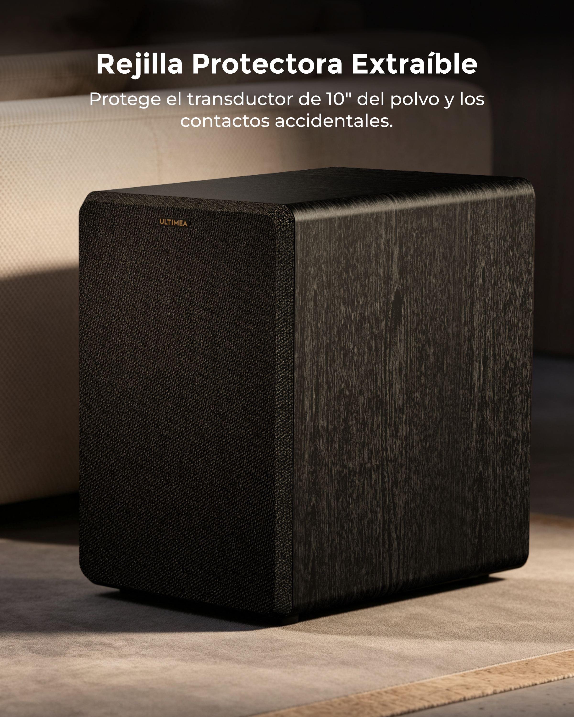 Un subwoofer Ultimea negro reposa sobre una alfombra en una habitación.