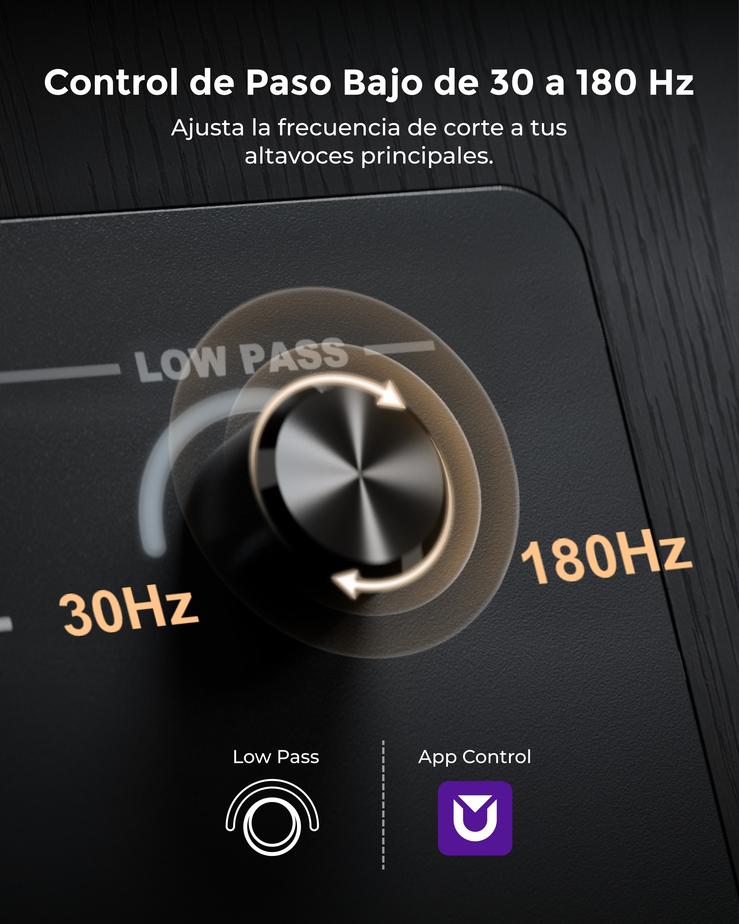 Primer plano de un mando de paso bajo plateado de 30 Hz a 180 Hz en una superficie texturizada.
