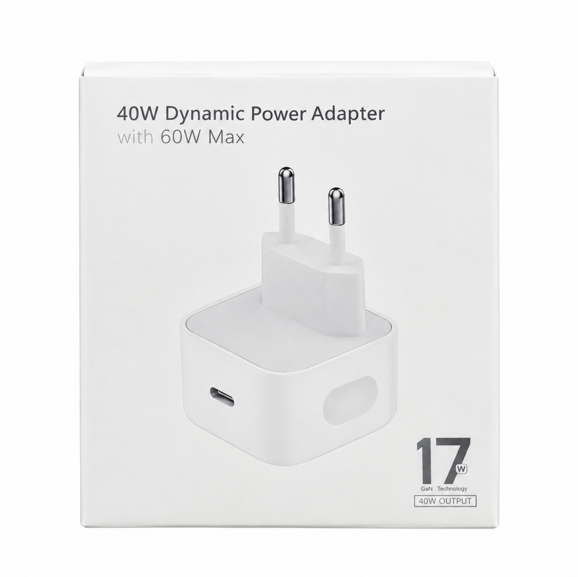 İki yuvarlak uçlu ve USB-C portlu 40W Dinamik Güç Adaptörü için beyaz kutu.