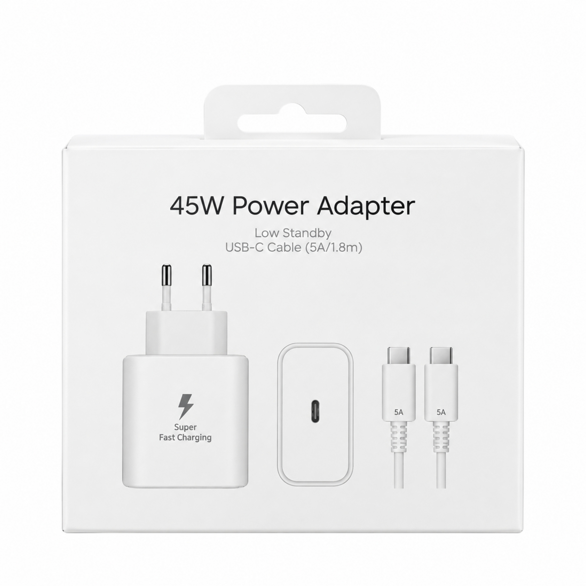 USB-C kablolu 45W güç adaptörünün beyaz ambalajı.
