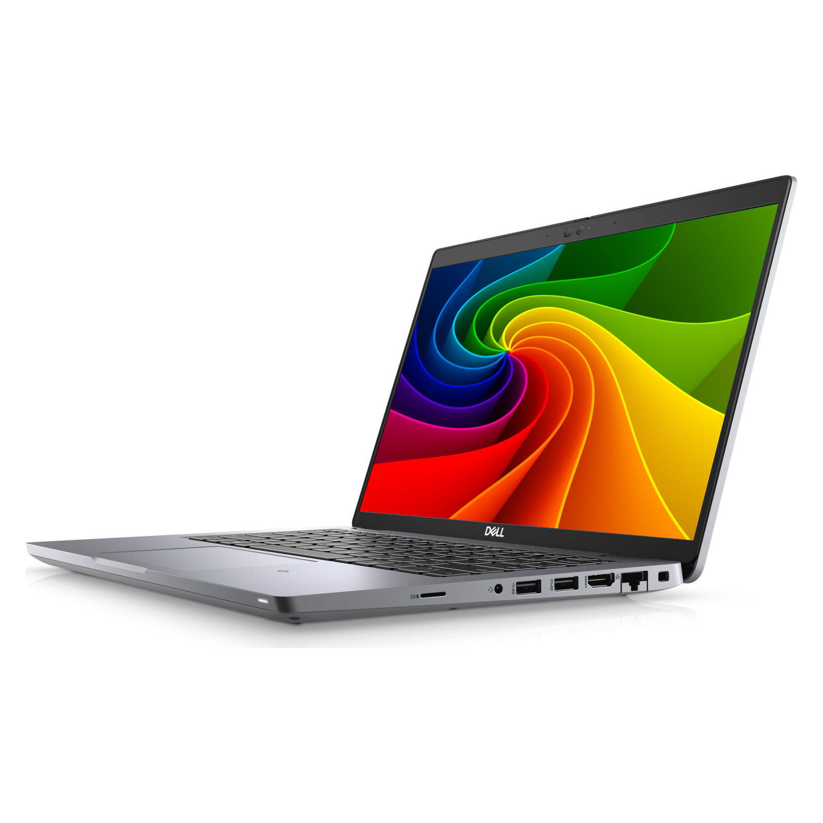Ein silberner Dell Laptop steht offen auf weißer Fläche und zeigt ein buntes Wirbel-Hintergrundbild.