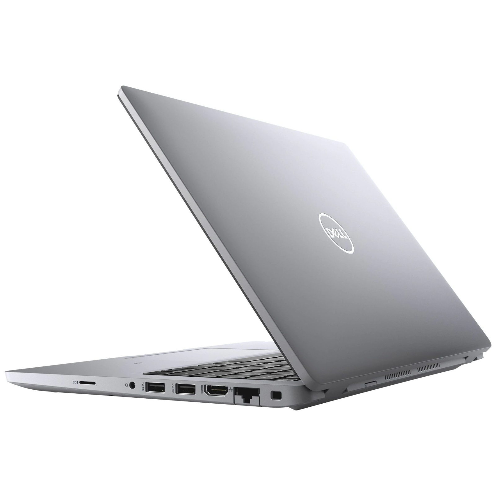 Ein grauer Dell-Laptop, von hinten und der Seite gezeigt, mit sichtbaren Anschlüssen.