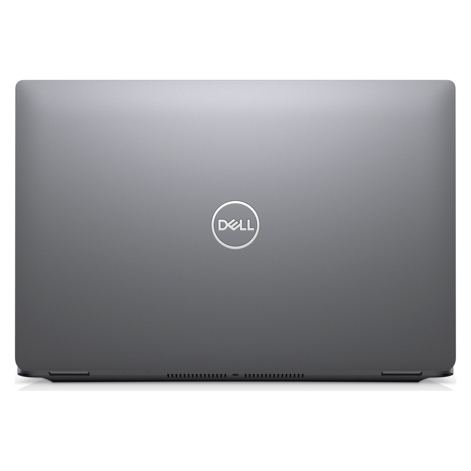 Geschlossener grauer Dell Laptop von oben mit silbernem Logo auf weißem Hintergrund.