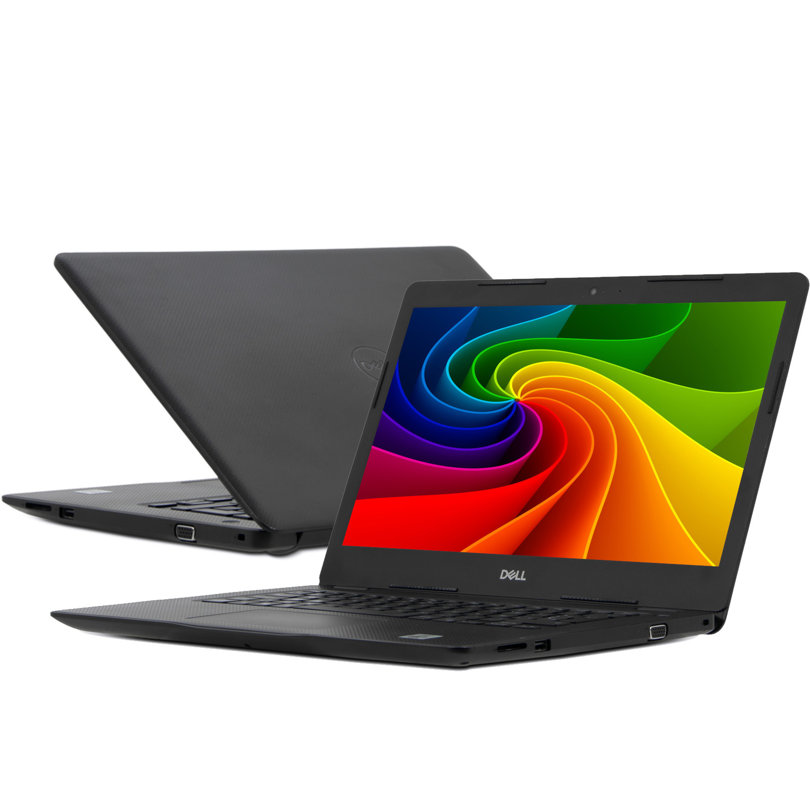 Zwei schwarze Dell-Laptops, einer aufgeklappt mit einem bunten Regenbogen-Hintergrundbild, der andere zugeklappt.