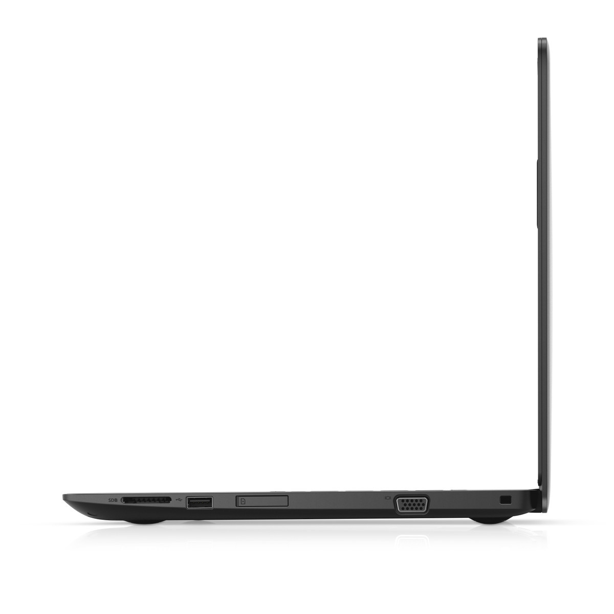 Linke Seite eines geschlossenen schwarzen Laptops mit Anschlüssen und SD-Kartenleser.