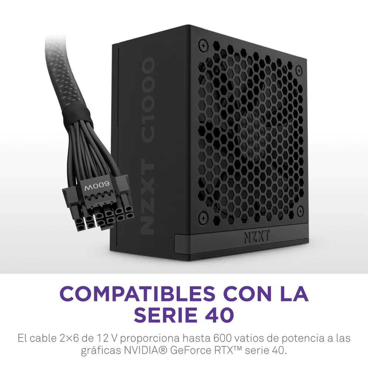 Czarny zasilacz NZXT C1000 z kablami i hiszpańskim tekstem.