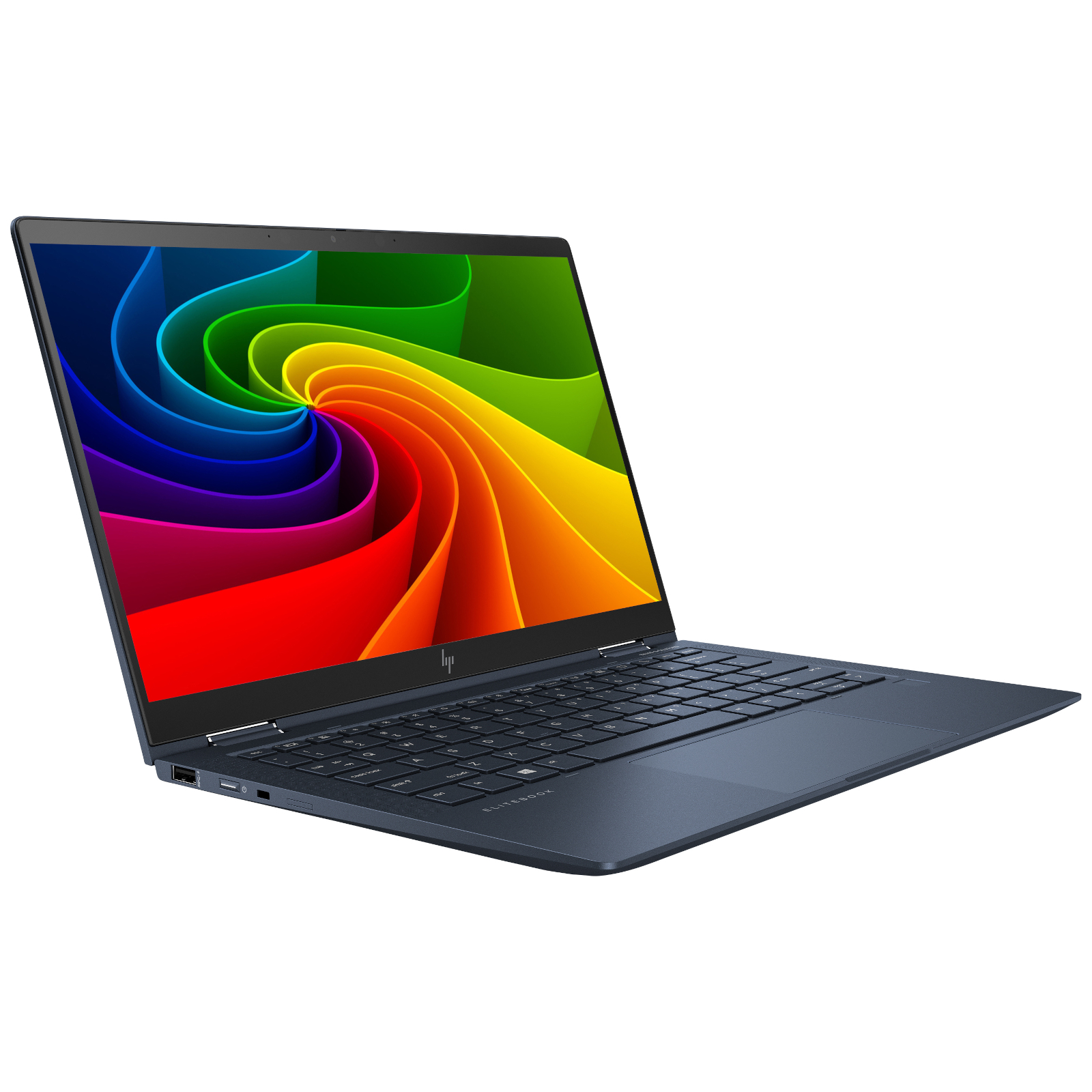 Ein blauer Laptop mit geöffnetem Bildschirm und einem farbenfrohen abstrakten Hintergrundbild gegen einen weißen Hintergrund.