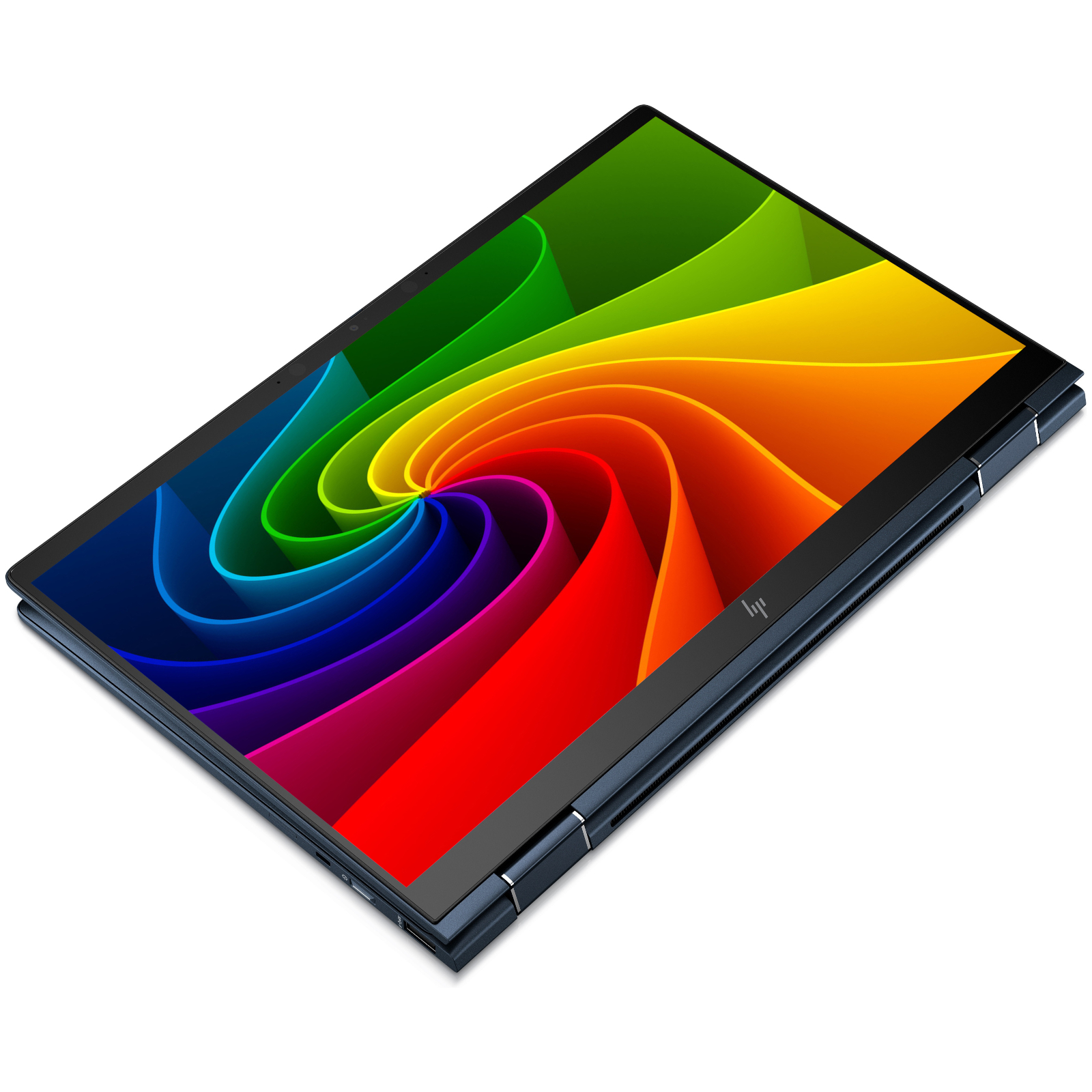 Ein dunkelblauer Laptop mit einer lebendigen Regenbogen-Spirale auf dem Bildschirm, in erhöhter Ansicht.