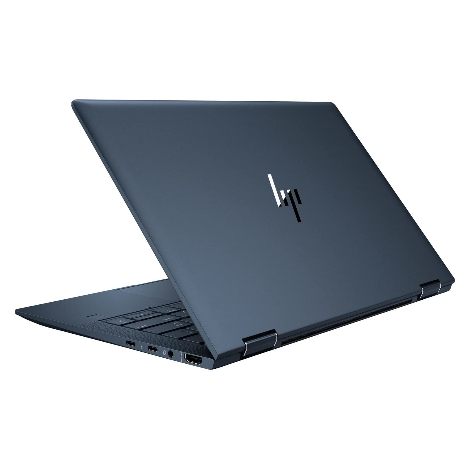 Ein dunkelblauer HP Laptop von hinten, zeigt Logo und Tastaturseite vor weißem Hintergrund.