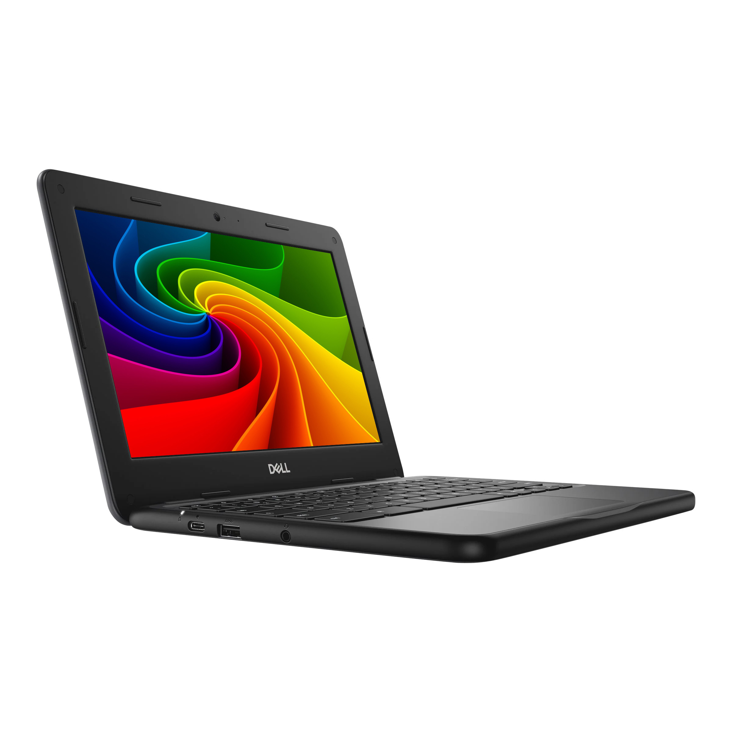 Ein schwarzer Dell-Laptop mit einem bunten Wirbelmuster auf dem Bildschirm, isoliert auf weißem Hintergrund.