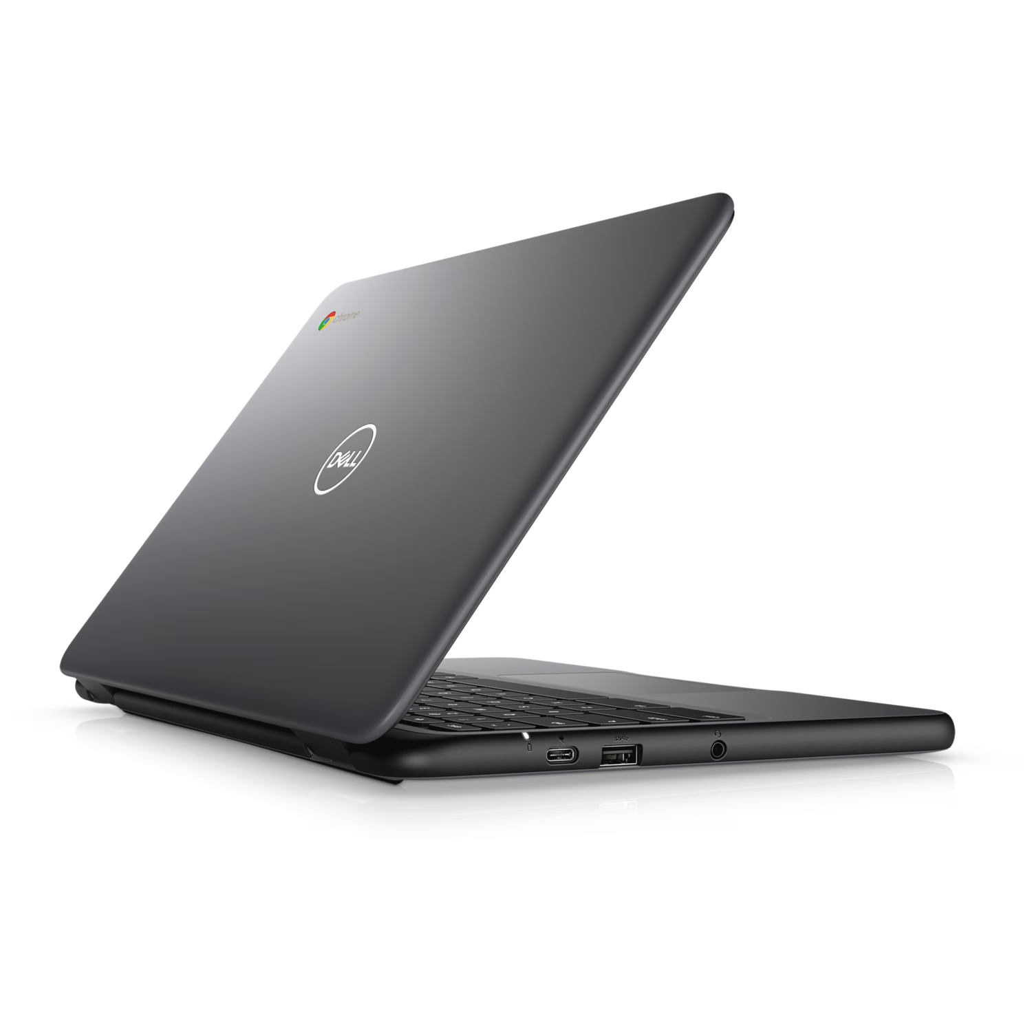 Ein grauer Dell Chromebook Laptop mit dem Chrome-Logo auf dem Deckel, schräg auf weißem Hintergrund dargestellt.